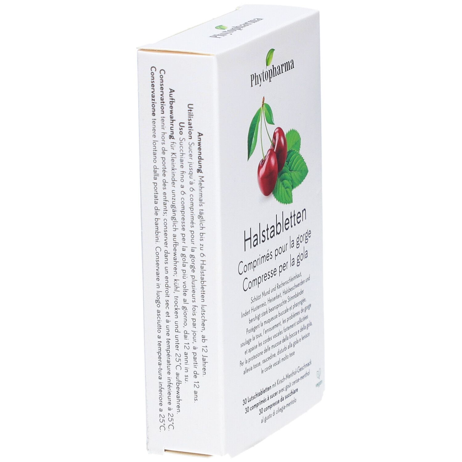 Phytopharma Keeltabletten Kers-Menthol smaak, achterkant met gebruiksinstructies.