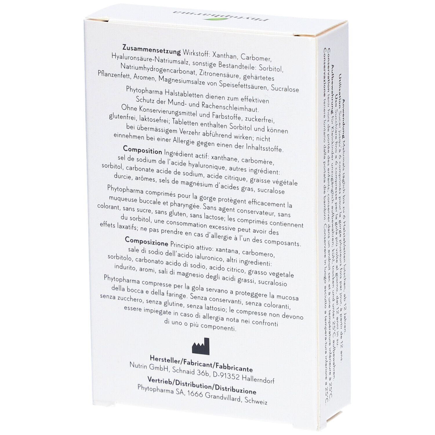 Phytopharma Keeltabletten Kers-Menthol smaak, zijkant met samenstelling en fabrikantinformatie.