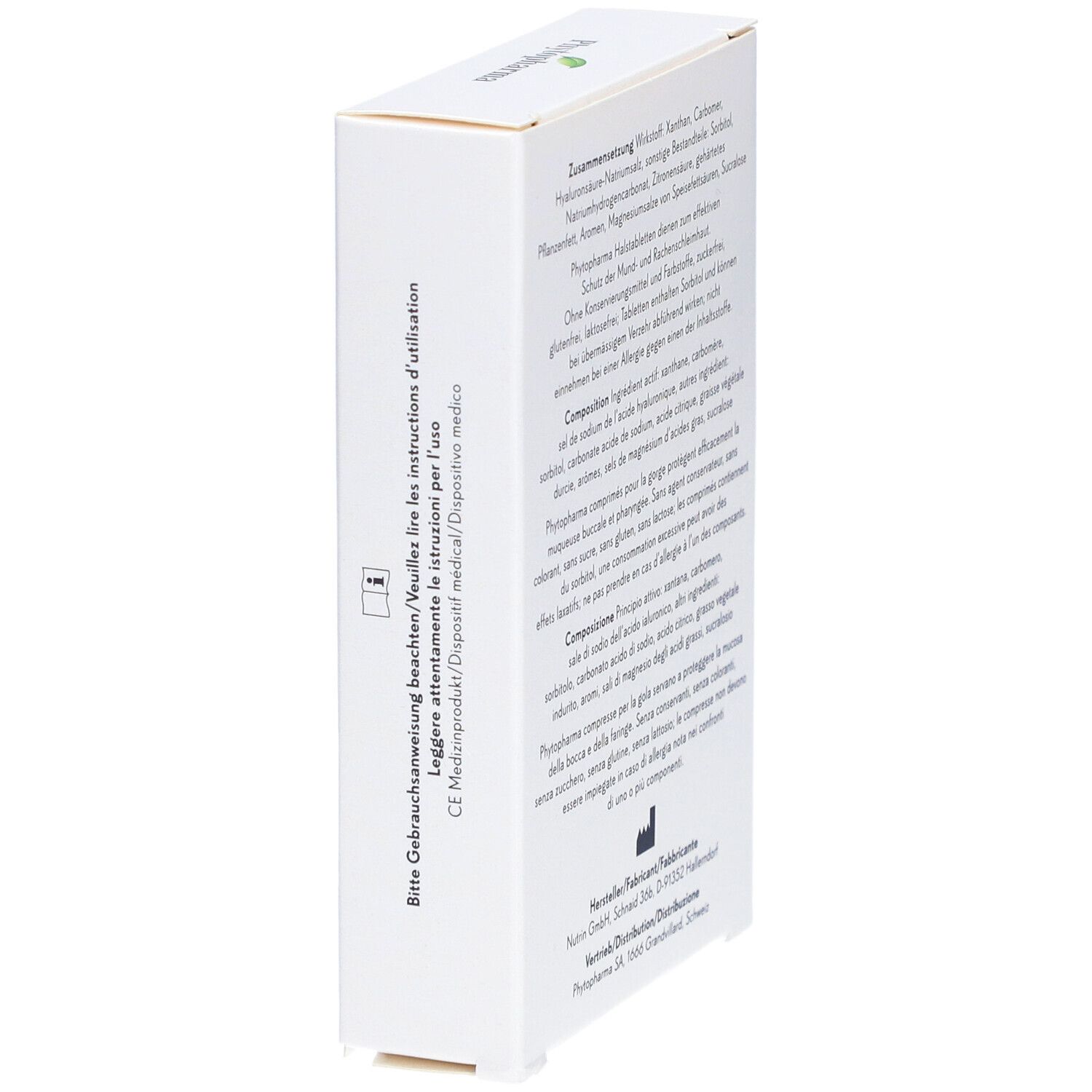 Phytopharma Keeltabletten Kers-Menthol smaak, zijkant met CE-markering en gebruiksinstructies.