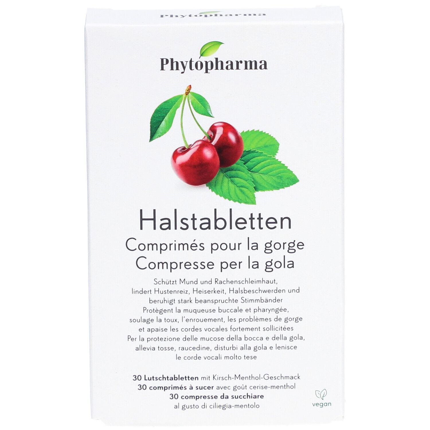Phytopharma Keeltabletten Kers-Menthol smaak, voorkant met kersen en productnaam.