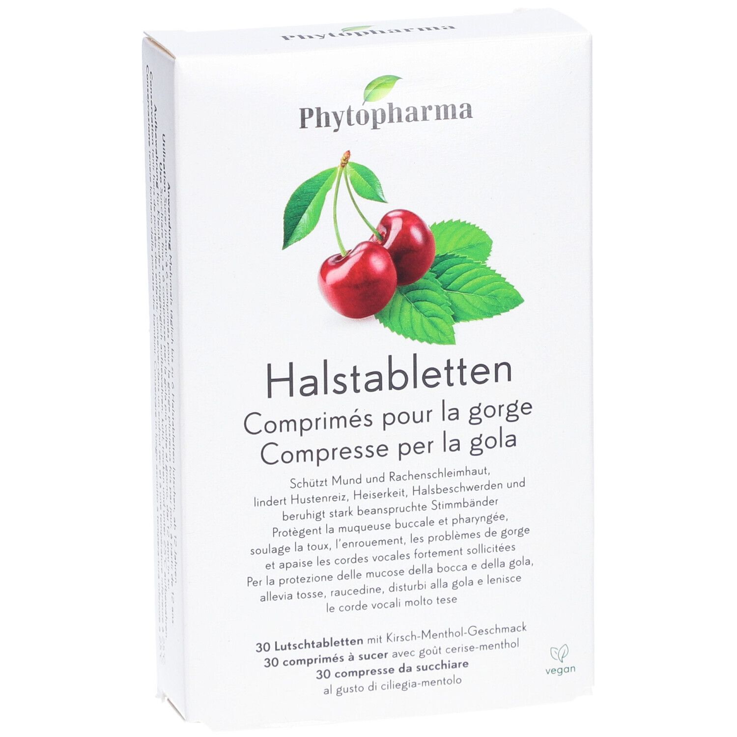 Phytopharma Keeltabletten Kers-Menthol smaak, voorkant met kersen en productnaam.