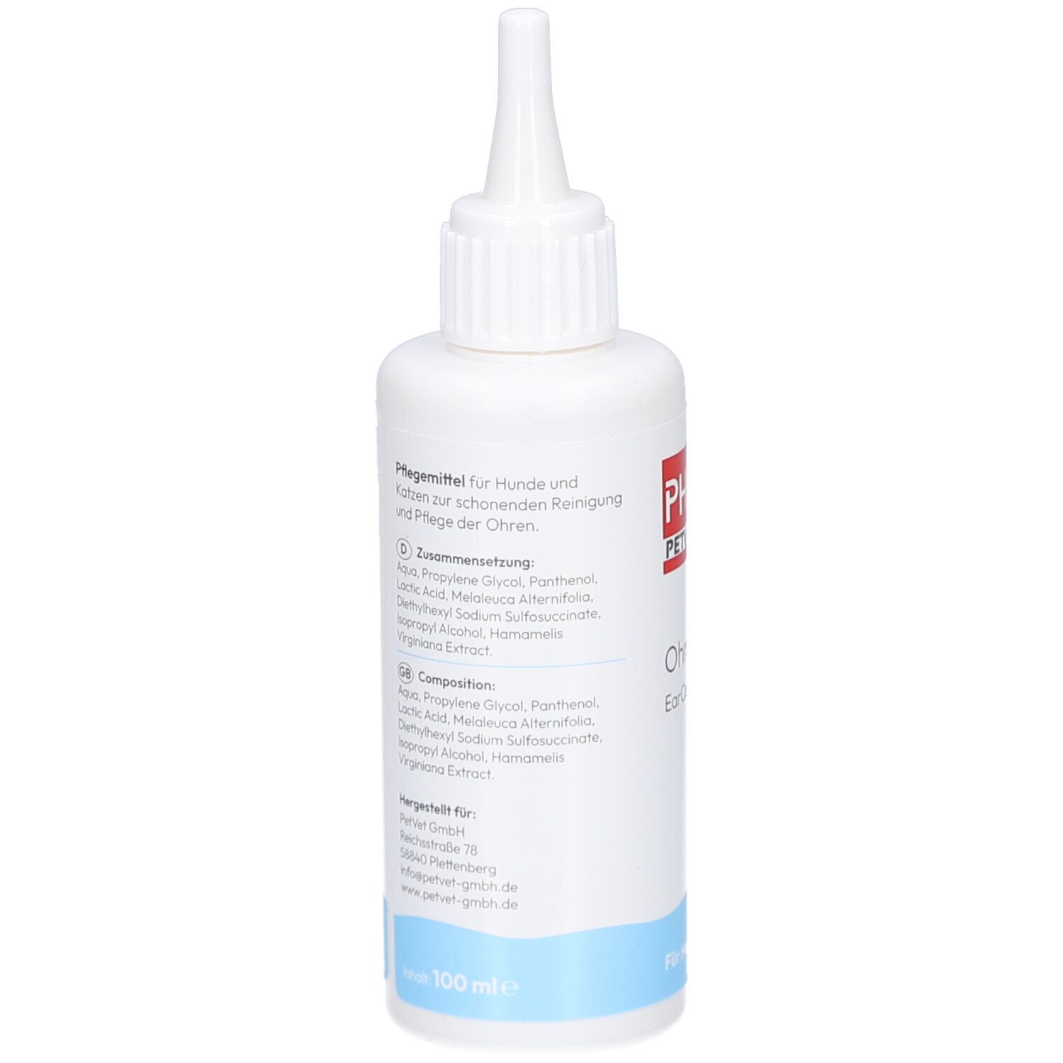 Witte fles met puntige applicator. Tekst: PHA PetVet, OhrenPflege. Ingrediënten en gebruiksaanwijzing.
