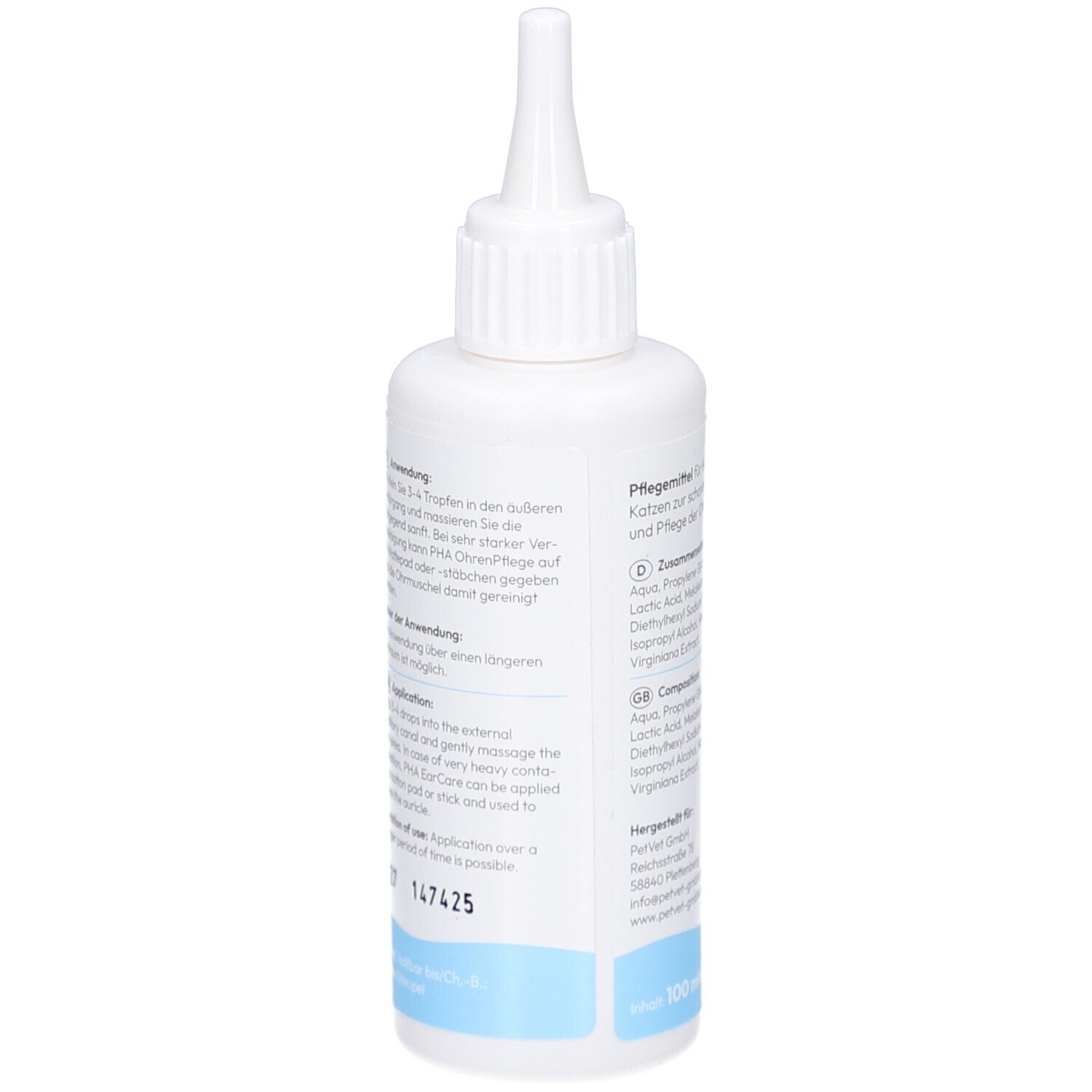 Witte fles met puntige applicator. Tekst: Gebruiksaanwijzing. Druppelgewijze toepassing. Houdbaarheid.