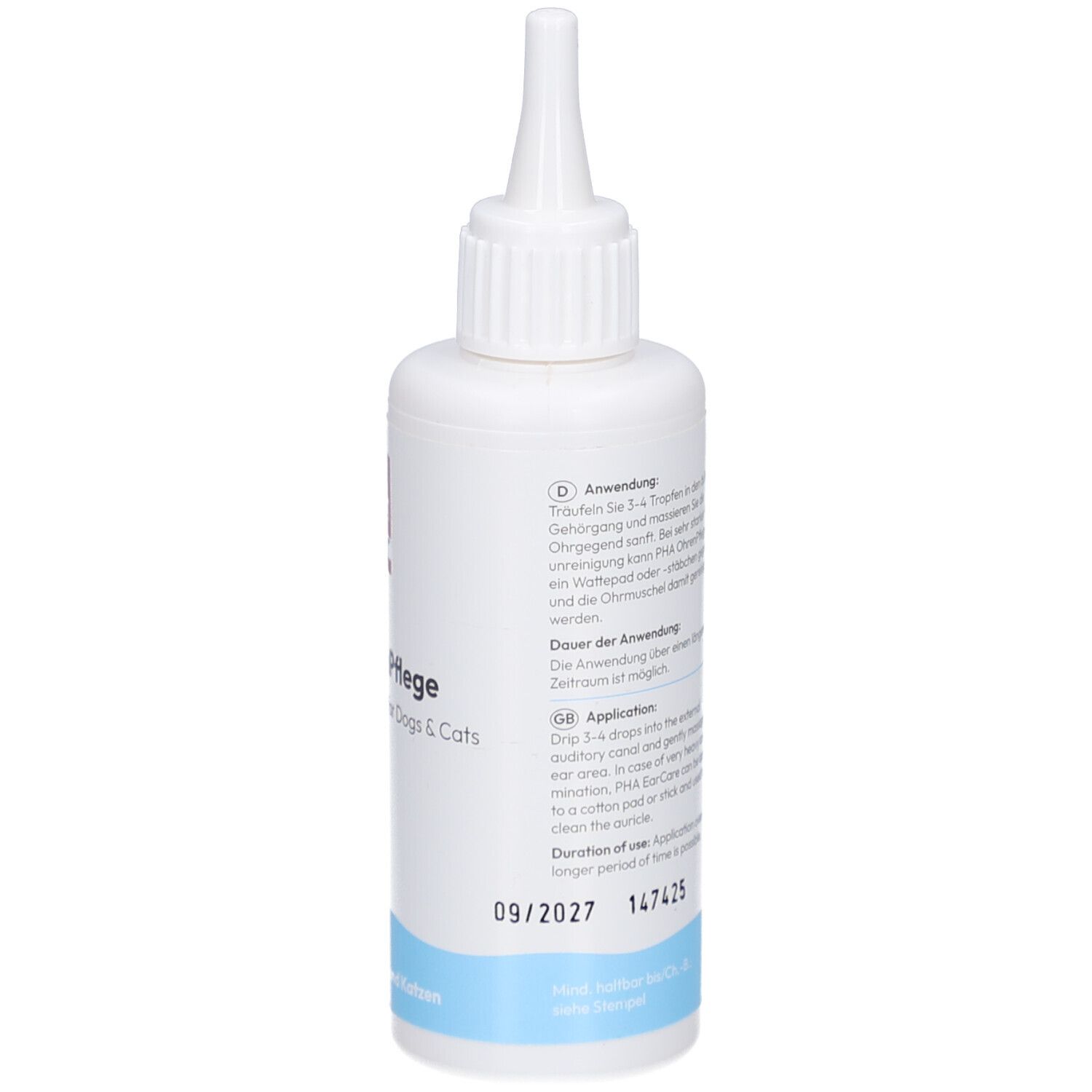 Witte fles met puntige applicator. Tekst: Gebruiksaanwijzing. Druppelgewijze toepassing. Houdbaarheid.
