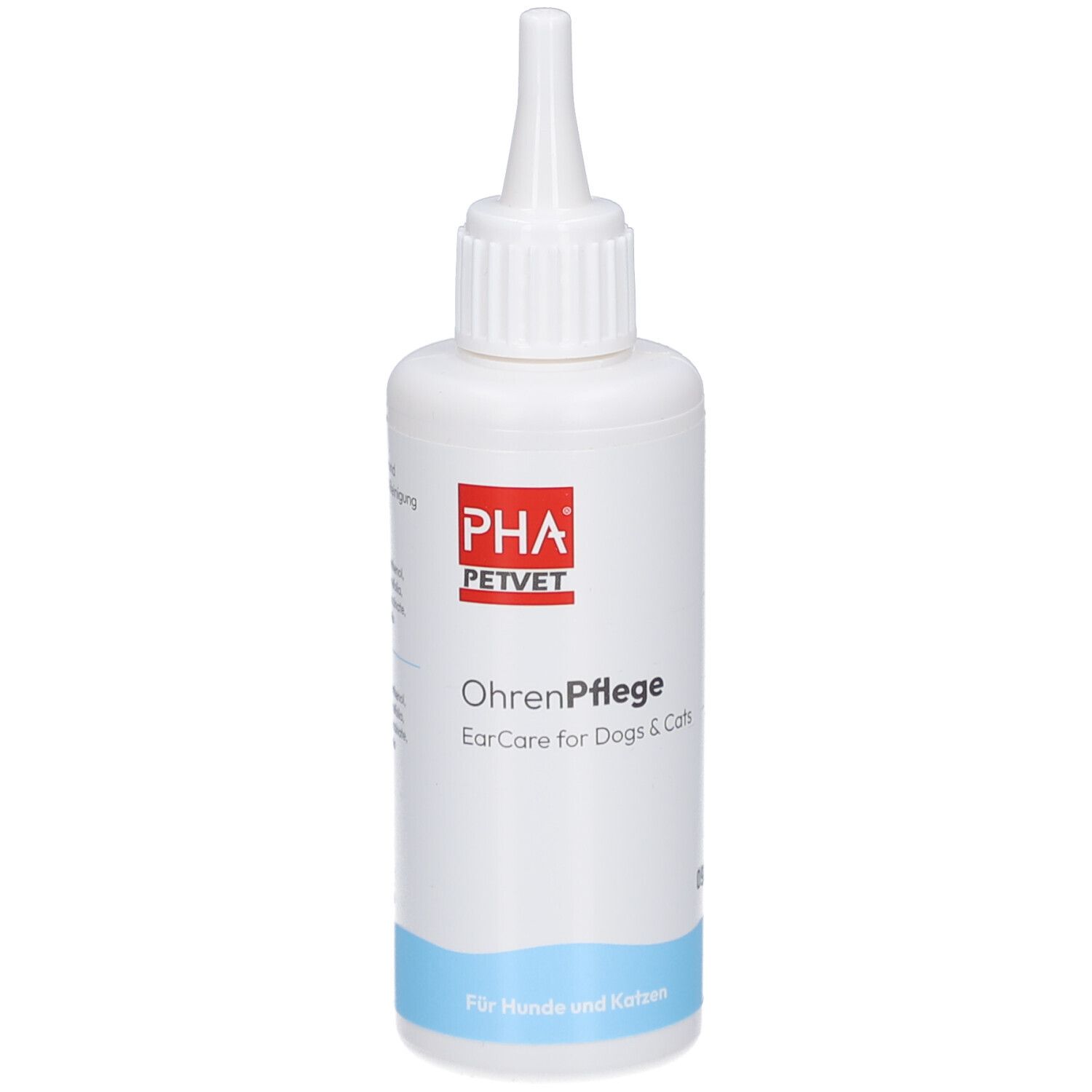 Witte fles met puntige applicator. Tekst: PHA PETVET, OhrenPflege, EarCare for Dogs & Cats.