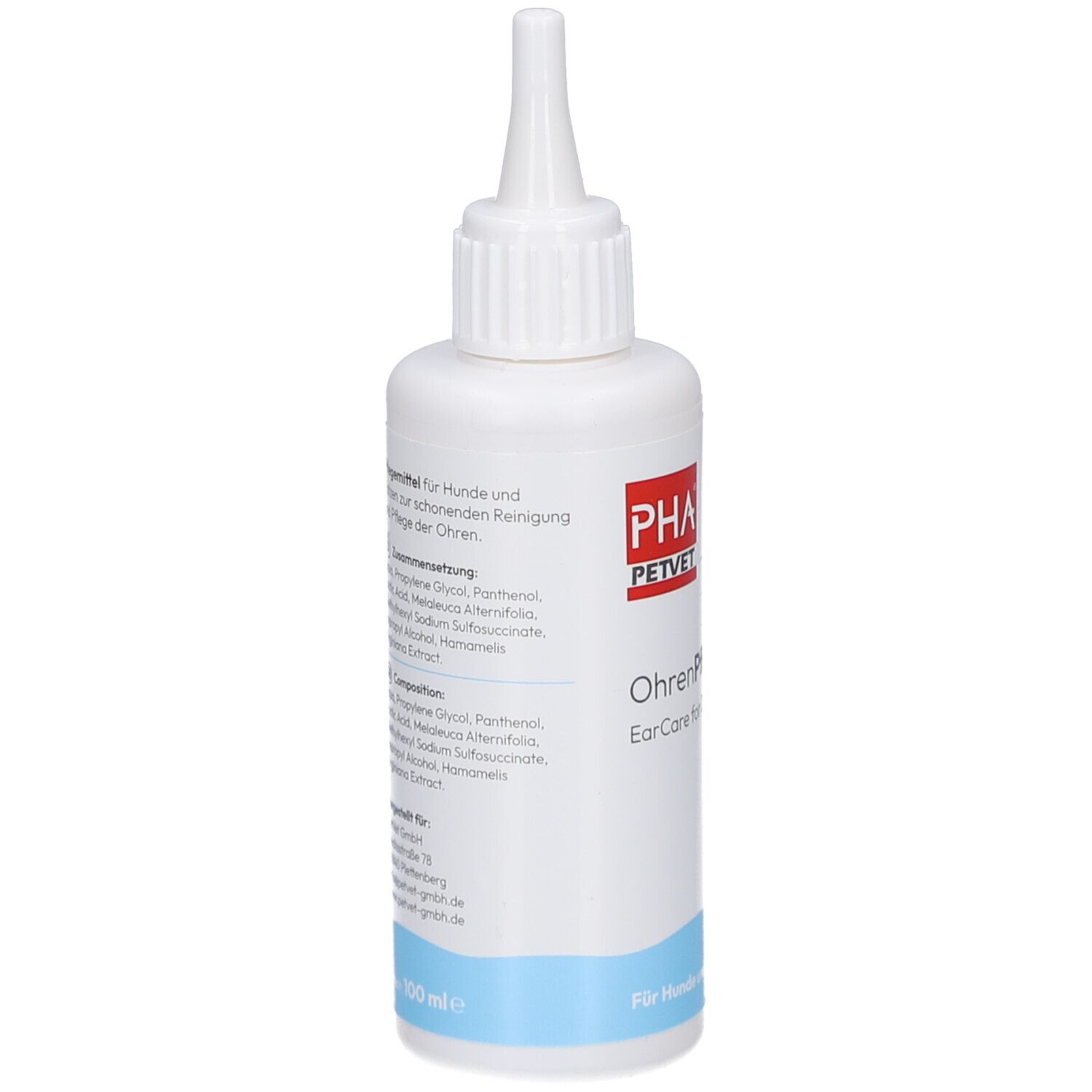 Witte fles met puntige applicator. Tekst: PHA PetVet, OhrenPflege. Ingrediënten en gebruiksaanwijzing.
