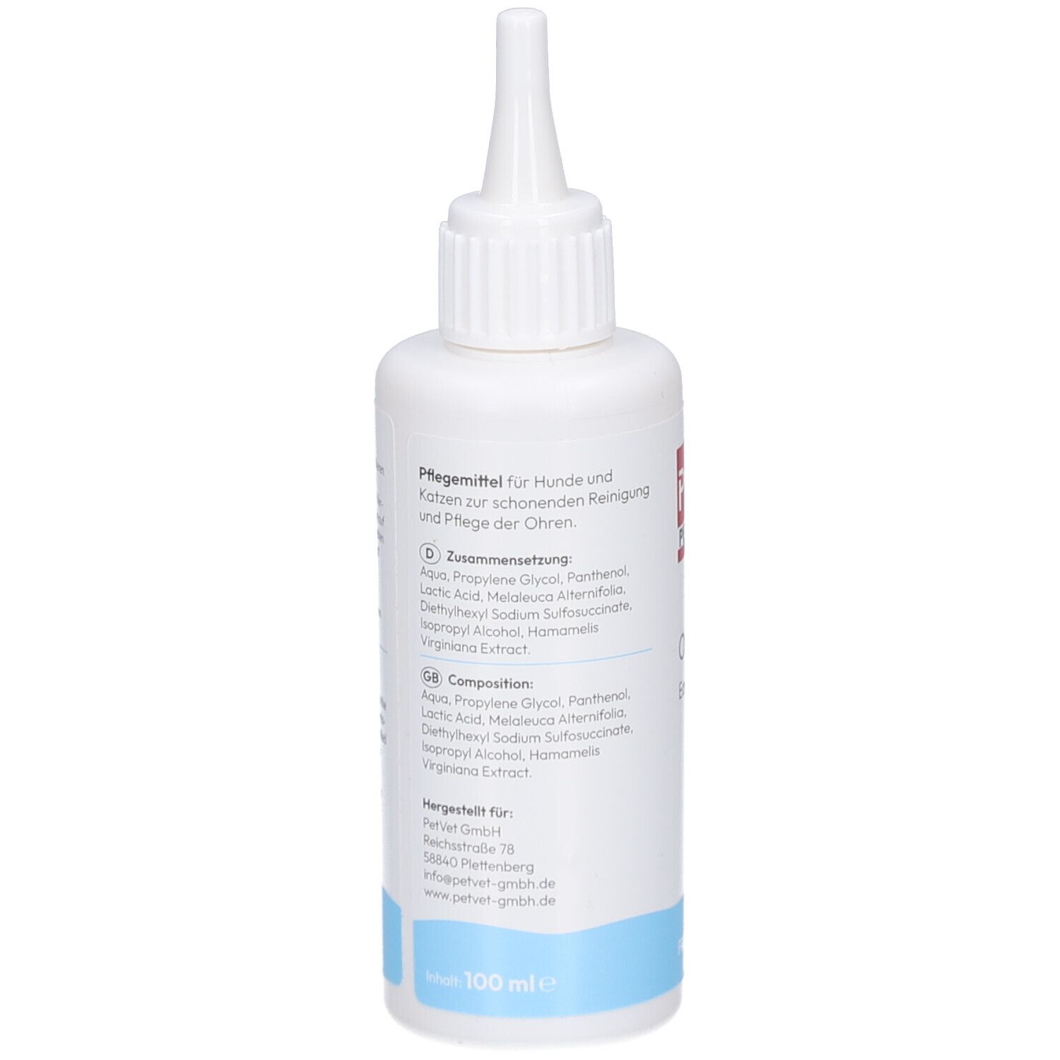 Witte fles met puntige applicator. Tekst: PHA PetVet, OhrenPflege. Ingrediënten en gebruiksaanwijzing.