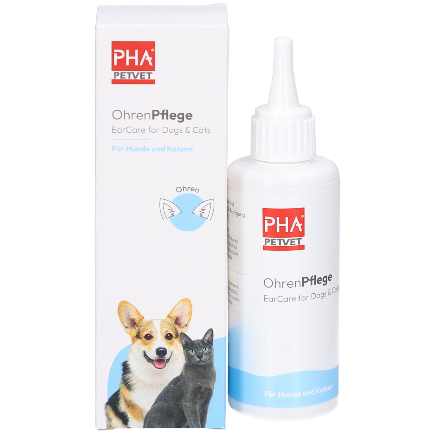 Product en verpakking. Witte fles met puntige applicator en doos. Tekst: PHA PetVet, OhrenPflege.