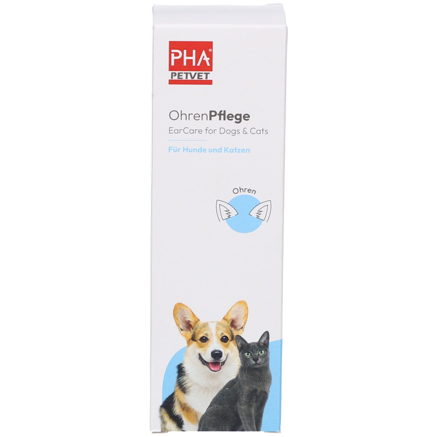 Productverpakking. Doos met productafbeelding. Tekst: PHA PetVet, OhrenPflege, EarCare for Dogs & Cats.
