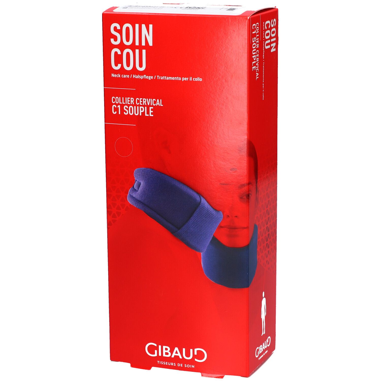 Rode doos met blauwe neksteun. Opschrift: SOIN COU, COLLIER CERVICAL C1 SOUPLE. Merk: GIBAUD.