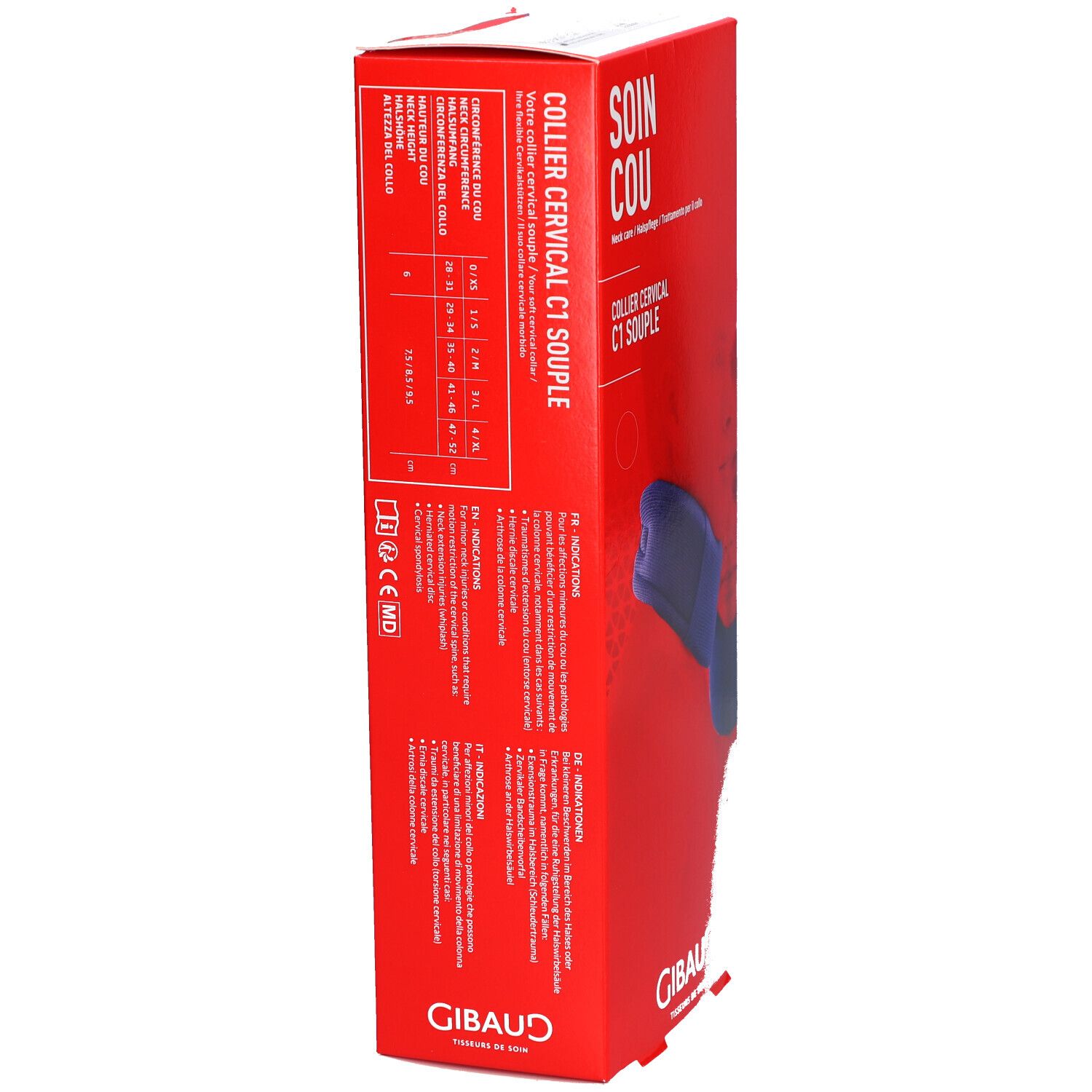 Rode doos met tekst en maatindicaties. Opschrift: SOIN COU, COLLIER CERVICAL C1 SOUPLE. Merk: GIBAUD.