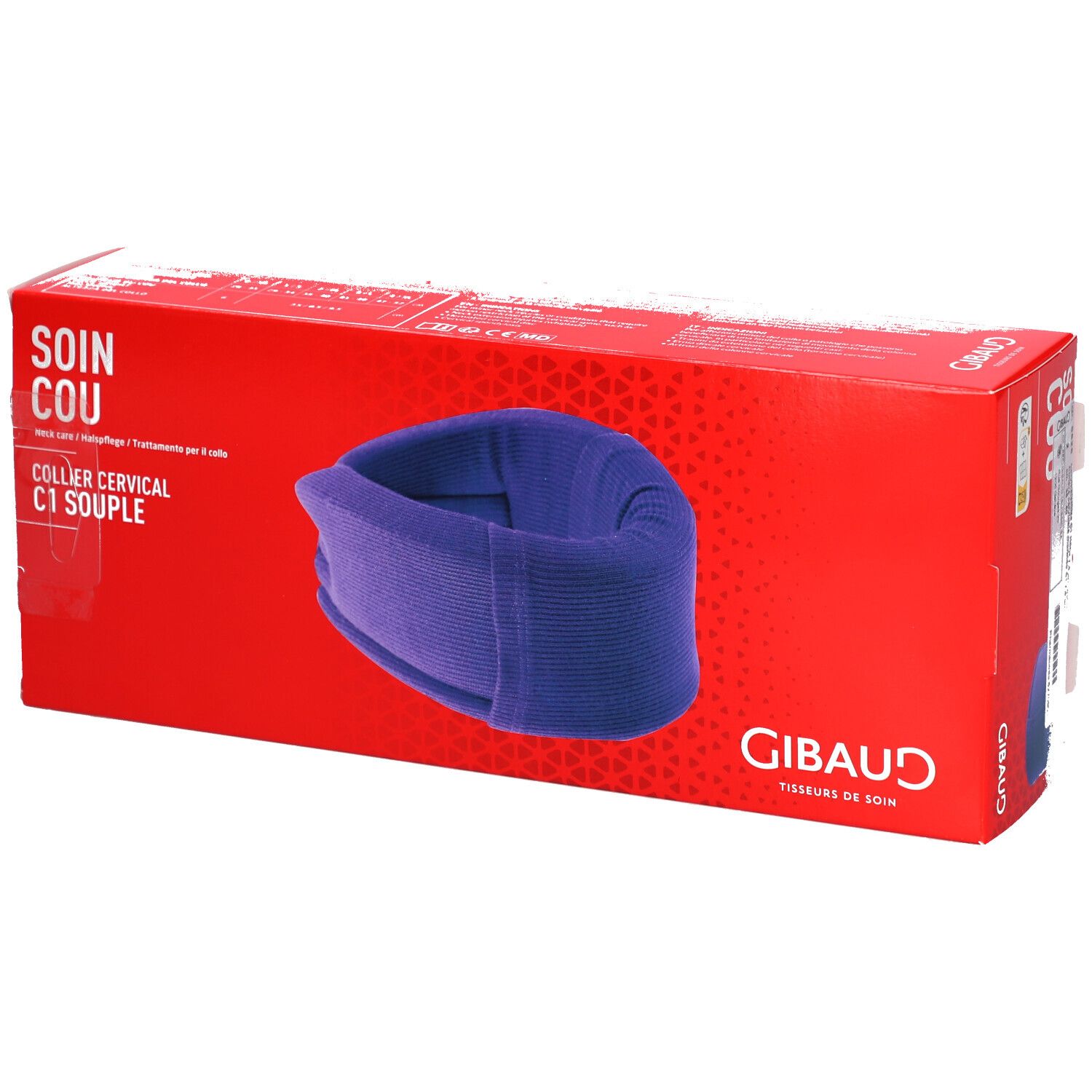 Rode doos met blauwe neksteun. Opschrift: SOIN COU, COLLIER CERVICAL C1 SOUPLE. Merk: GIBAUD.