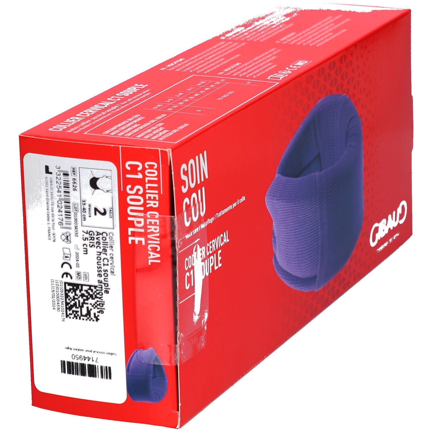 Rode doos met blauwe neksteun. Opschrift: SOIN COU, COLLIER CERVICAL C1 SOUPLE. Merk: GIBAUD.