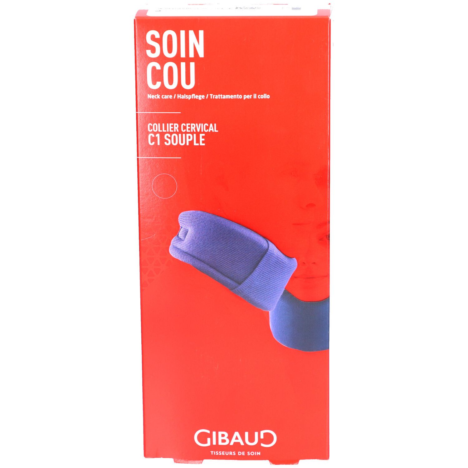 Rode doos met blauwe neksteun. Opschrift: SOIN COU, COLLIER CERVICAL C1 SOUPLE. Merk: GIBAUD.