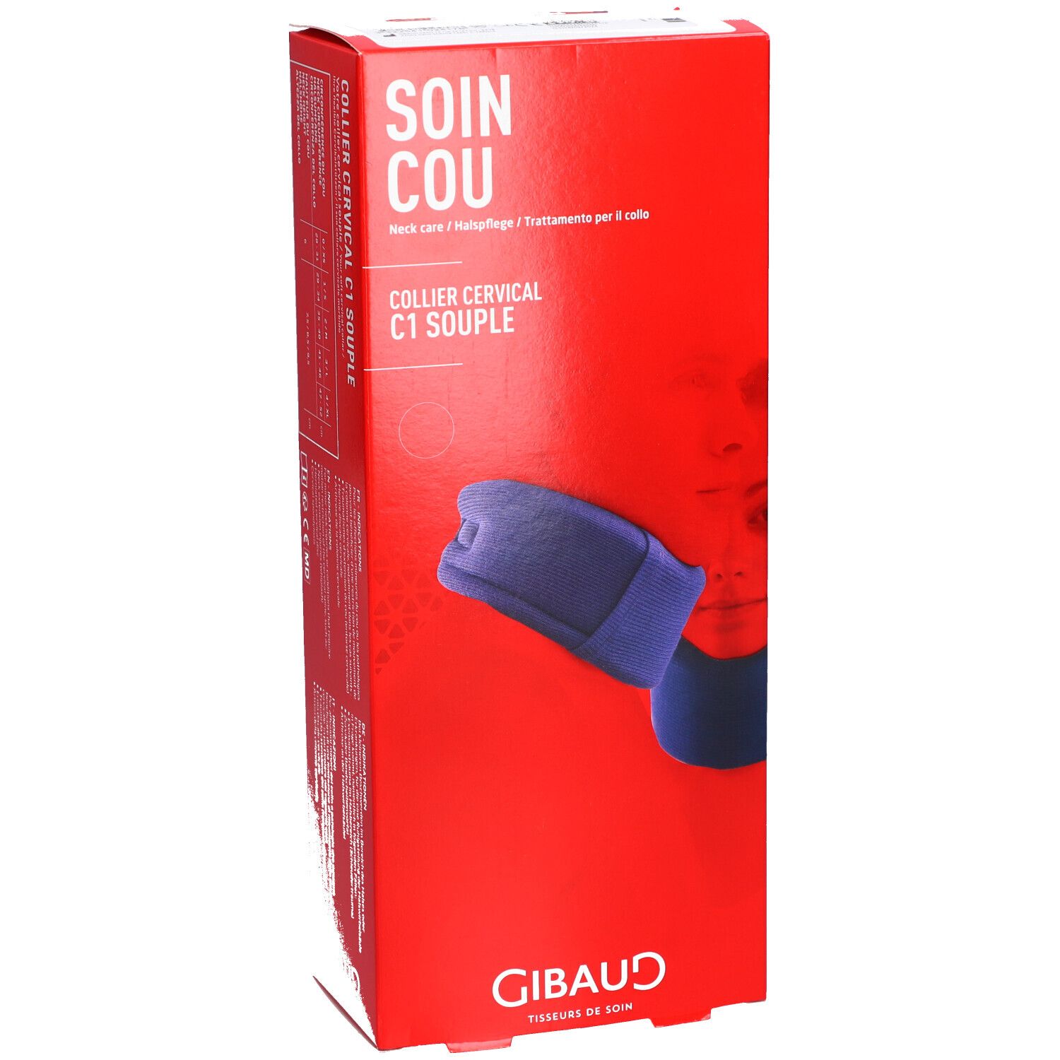 Rode doos met blauwe neksteun. Opschrift: SOIN COU, COLLIER CERVICAL C1 SOUPLE. Merk: GIBAUD.