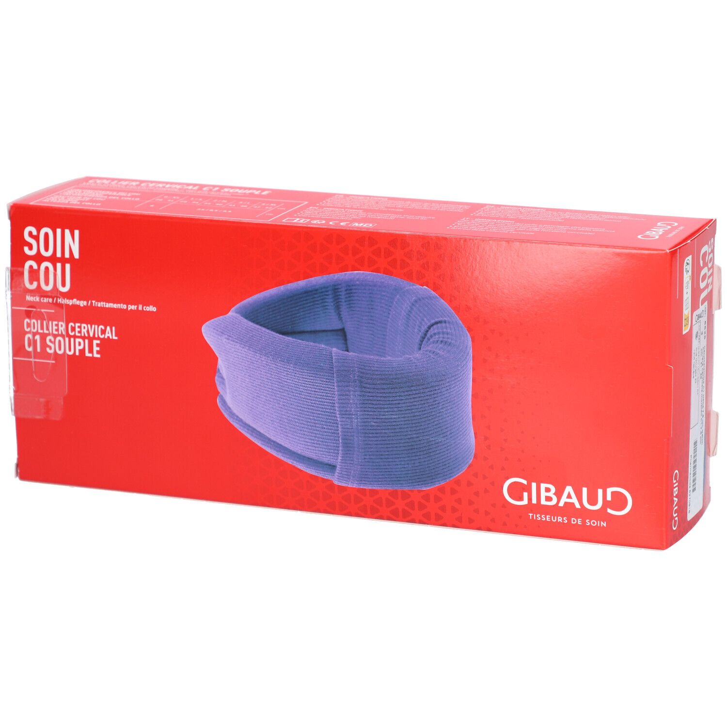 Collier cervical souple violet dans une boîte rouge. Inscriptions: SOIN COU, COLLIER CERVICAL C1 SOUPLE, GIBAUD.