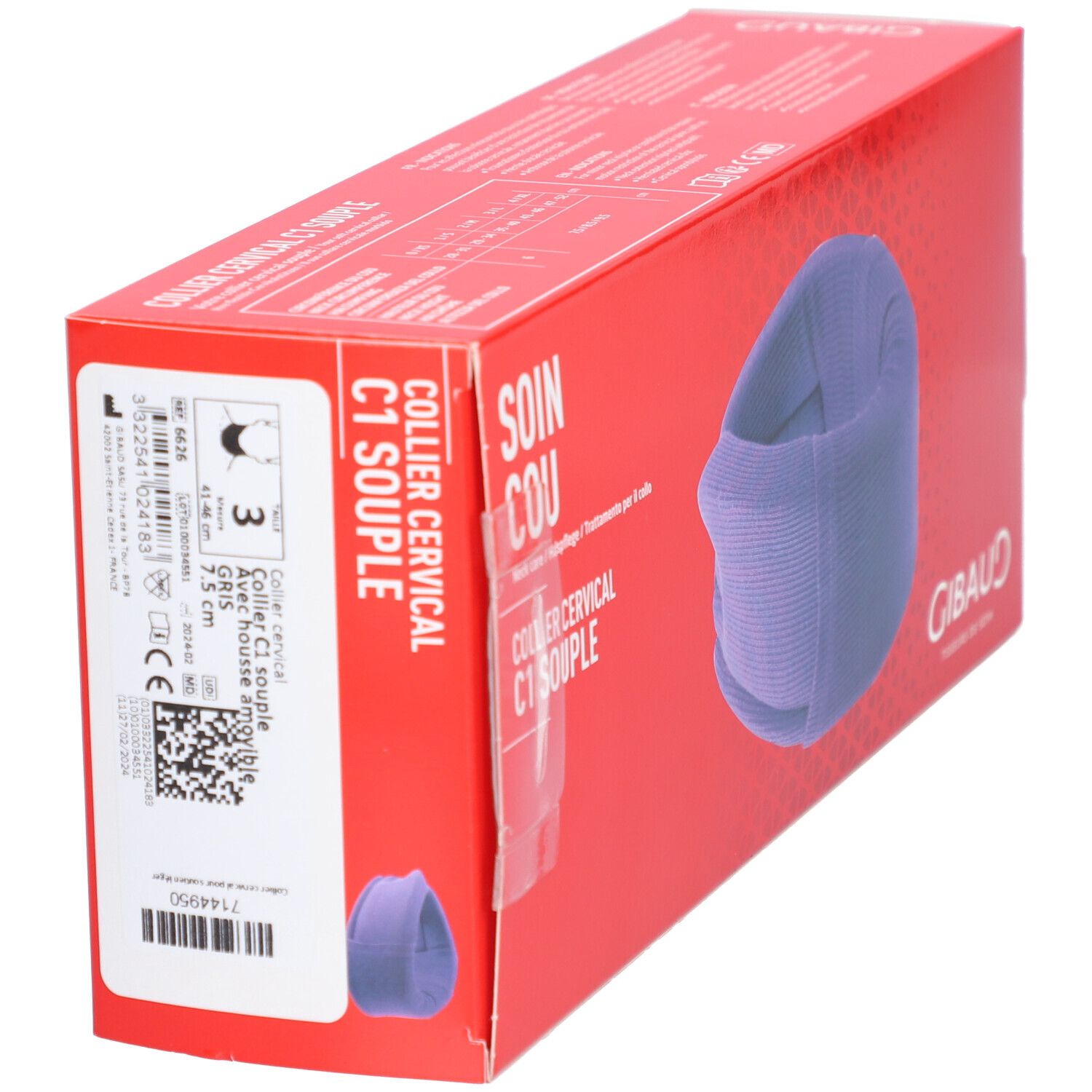 Boîte rouge avec collier cervical violet. Inscriptions: COLLIER CERVICAL C1 SOUPLE, SOIN COU, GIBAUD. Informations produit et QR code.