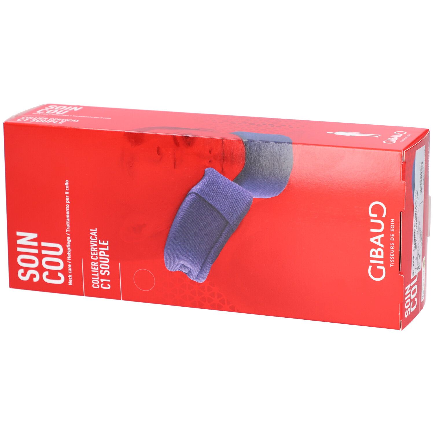 Boîte rouge avec collier cervical violet. Inscriptions: SOIN COU, COLLIER CERVICAL C1 SOUPLE, GIBAUD. Produit partiellement visible.