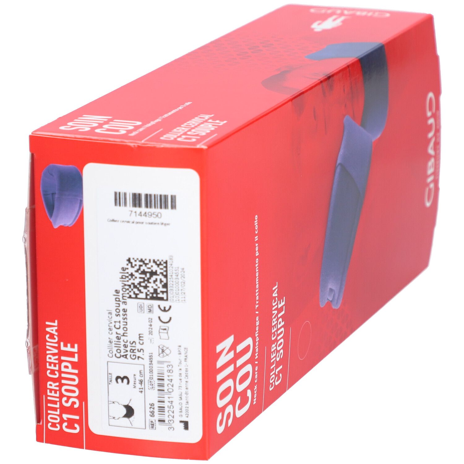 Boîte rouge avec collier cervical violet. Inscriptions: COLLIER CERVICAL C1 SOUPLE, SOIN COU, GIBAUD. Informations produit et QR code.