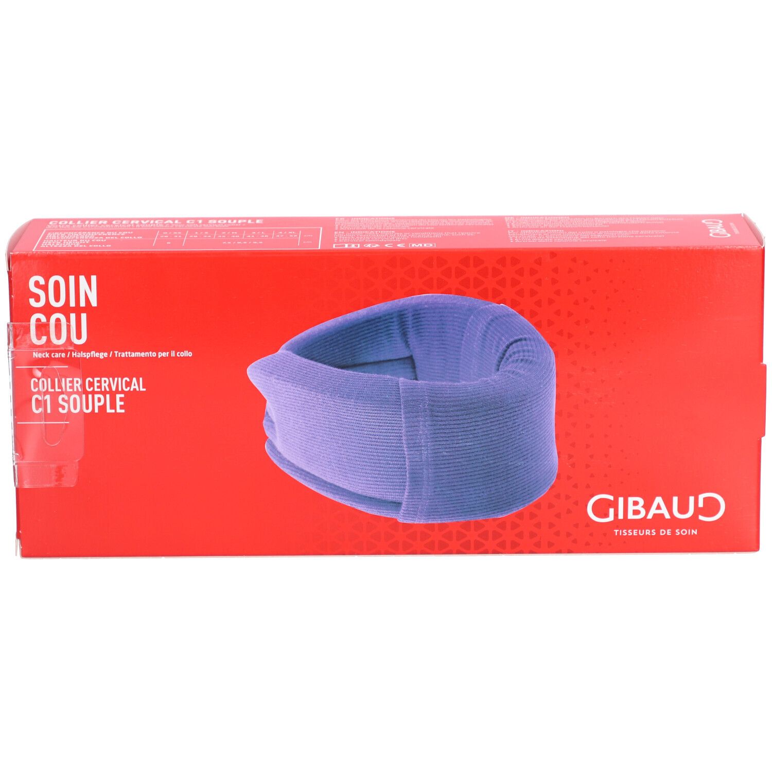 Boîte rouge avec collier cervical violet. Inscriptions: SOIN COU, COLLIER CERVICAL C1 SOUPLE, GIBAUD. Produit entièrement visible.