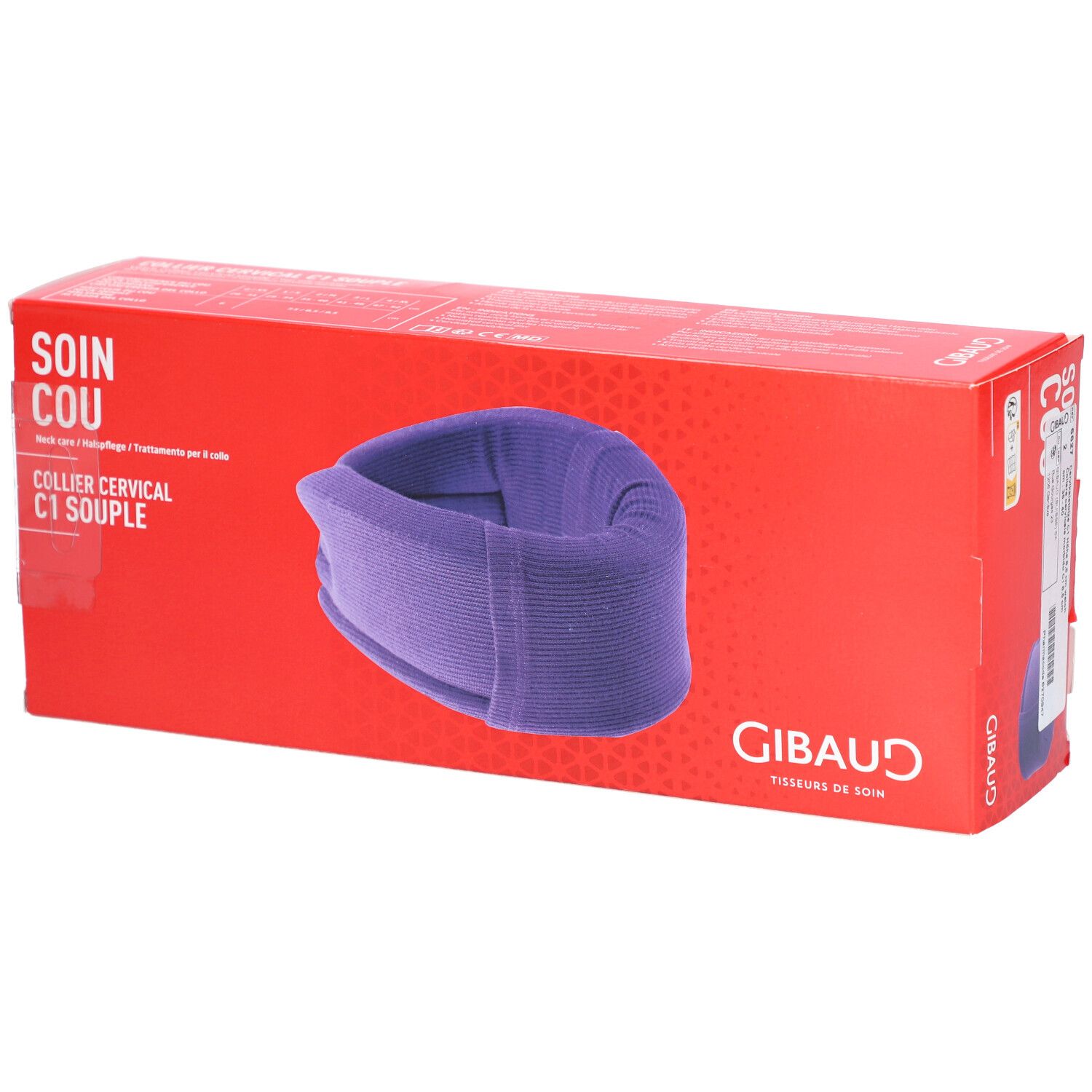 Collier cervical souple C1 violet, dans emballage rouge. Marque GIBAUD. Inscription: SOIN COU, COLLIER CERVICAL C1 SOUPLE.