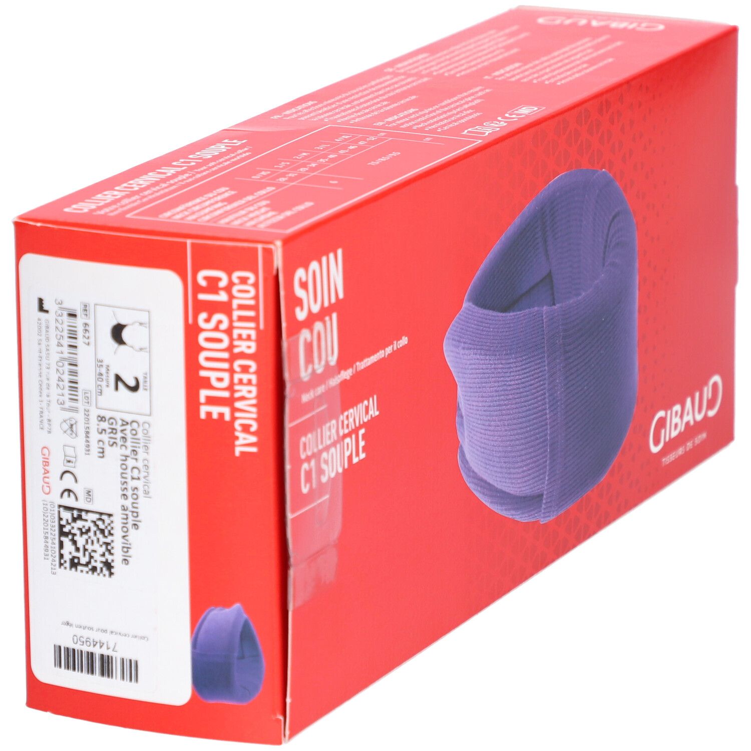 Emballage rouge avec collier cervical C1. Inscription: SOIN COU, COLLIER CERVICAL C1 SOUPLE. Marque GIBAUD. Informations produit.