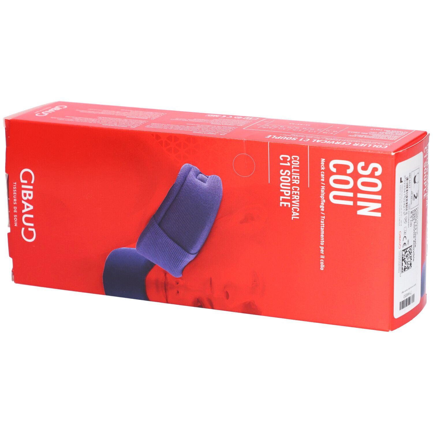 Emballage rouge avec collier cervical C1. Inscription: SOIN COU, COLLIER CERVICAL C1 SOUPLE. Marque GIBAUD. Vue du produit.