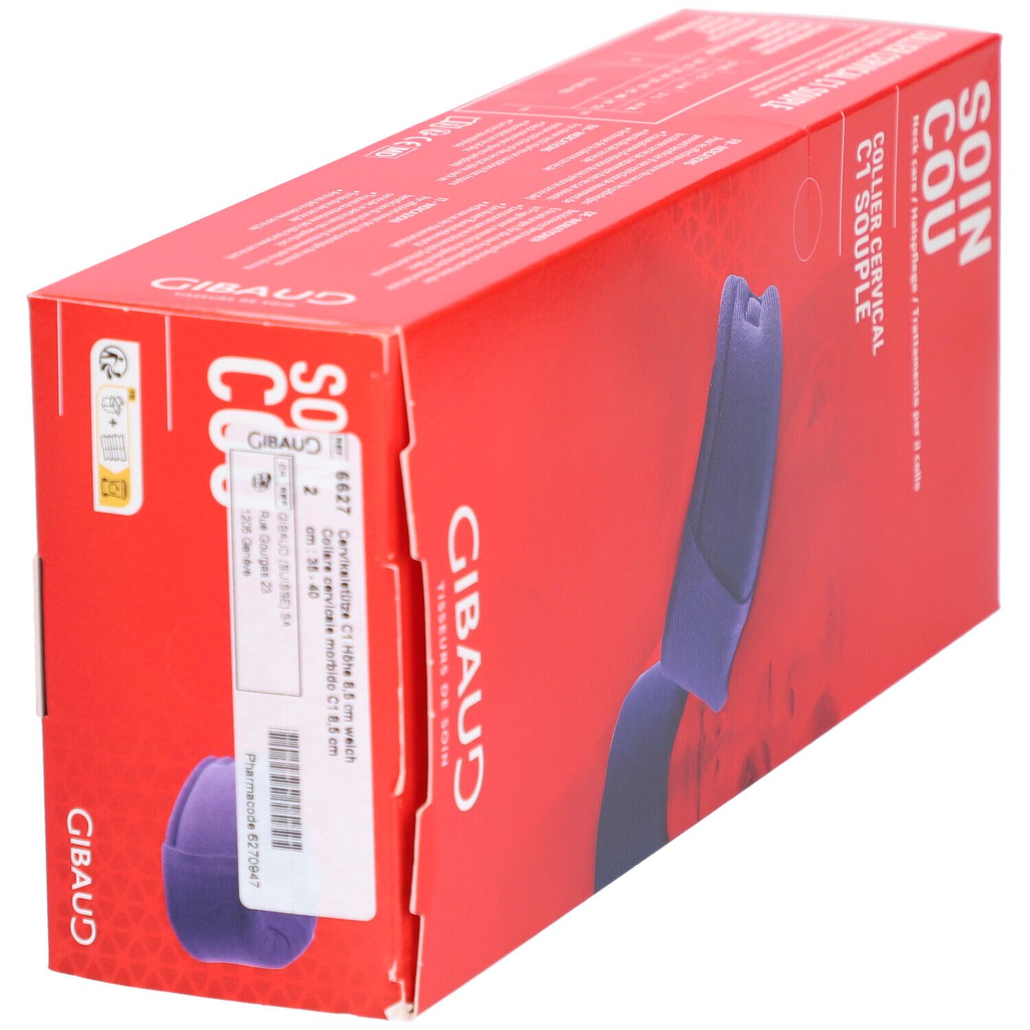 Emballage rouge avec collier cervical C1. Inscription: SOIN COU, COLLIER CERVICAL C1 SOUPLE. Marque GIBAUD. Vue du produit.