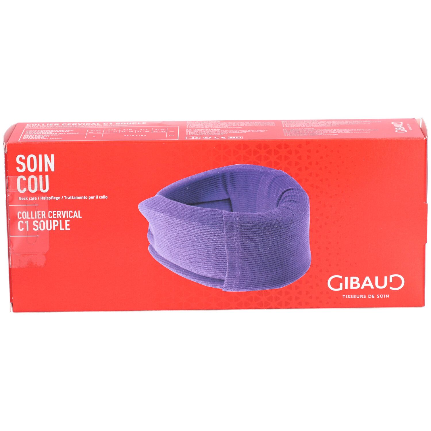 Collier cervical souple C1 violet, dans emballage rouge. Marque GIBAUD. Inscription: SOIN COU, COLLIER CERVICAL C1 SOUPLE.