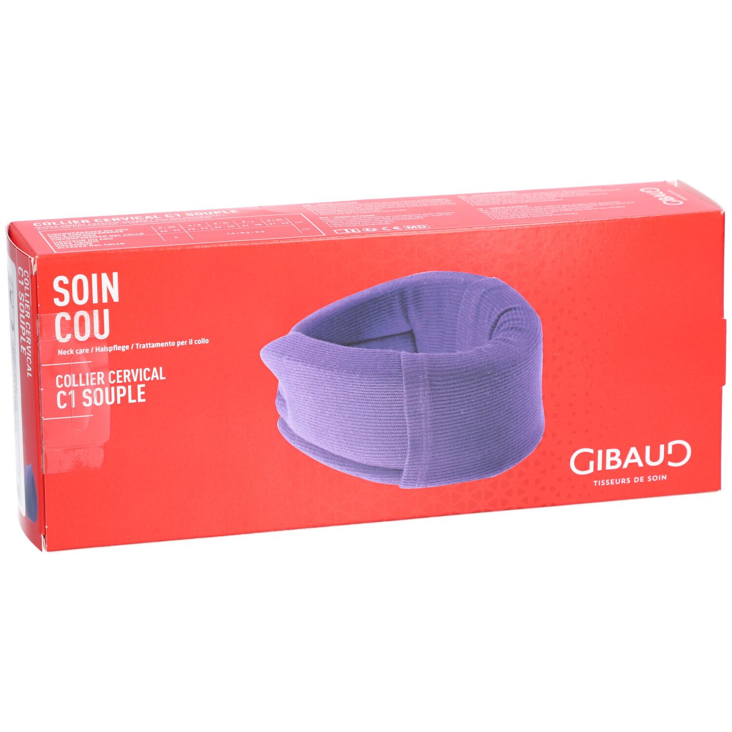 Collier cervical souple C1 violet, dans emballage rouge. Marque GIBAUD. Inscription: SOIN COU, COLLIER CERVICAL C1 SOUPLE.
