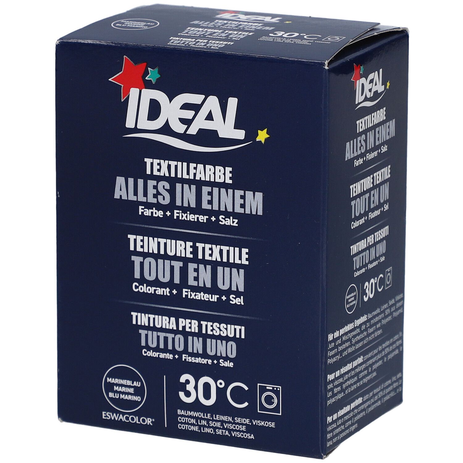 Ideal Textilfarbe Marine, tout en un. Boîte bleue avec nom du produit et symbole 30°C. Contient colorant, fixateur et sel.
