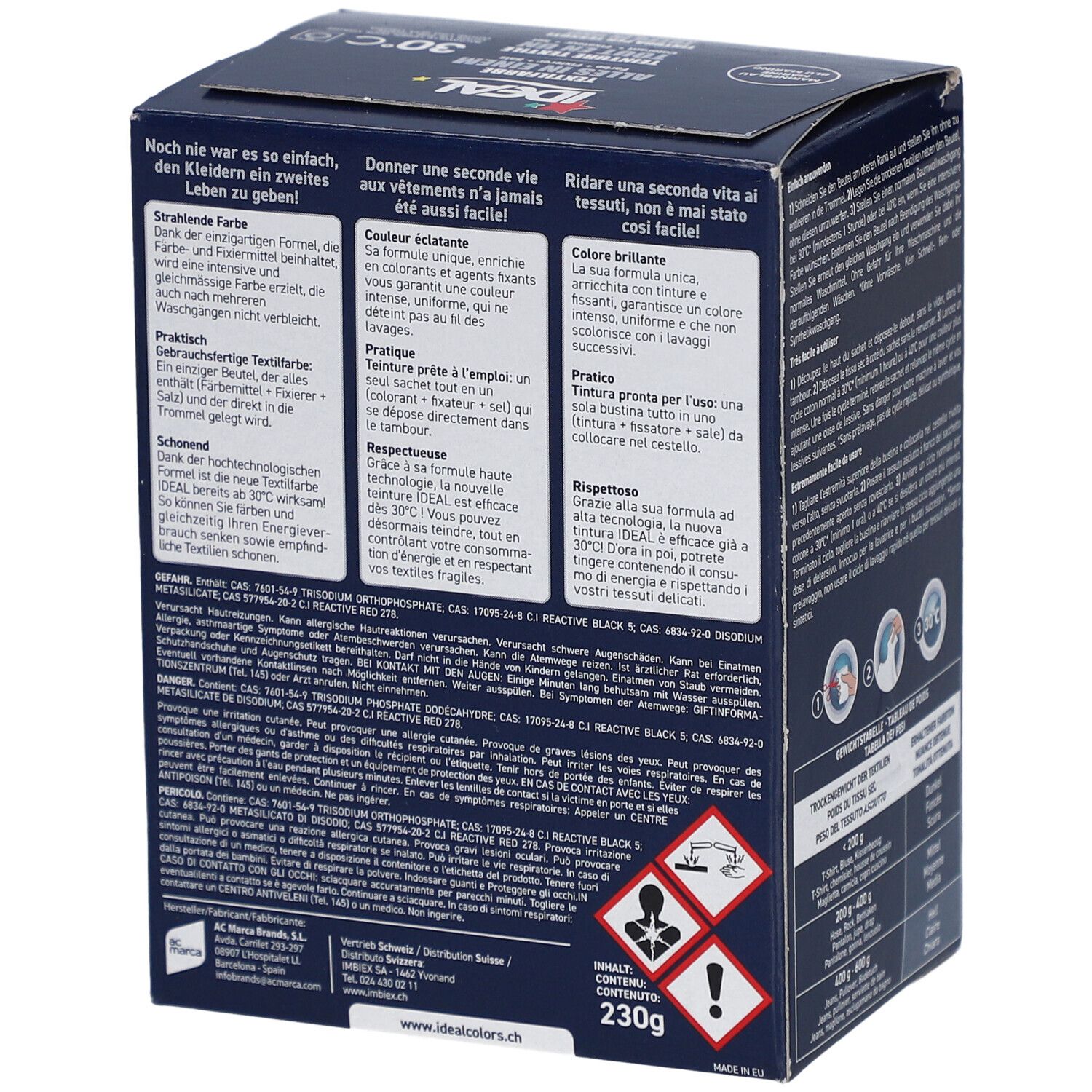 Dos de l'emballage Ideal Textilfarbe. Contient des avertissements et des ingrédients. Poids 230g. Symboles de danger.