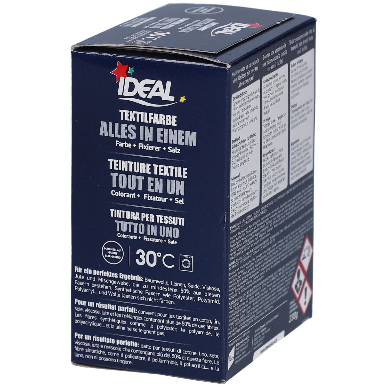 Emballage Ideal Textilfarbe. Contient le nom du produit, le symbole 30°C et les types de textiles. Emballage bleu.