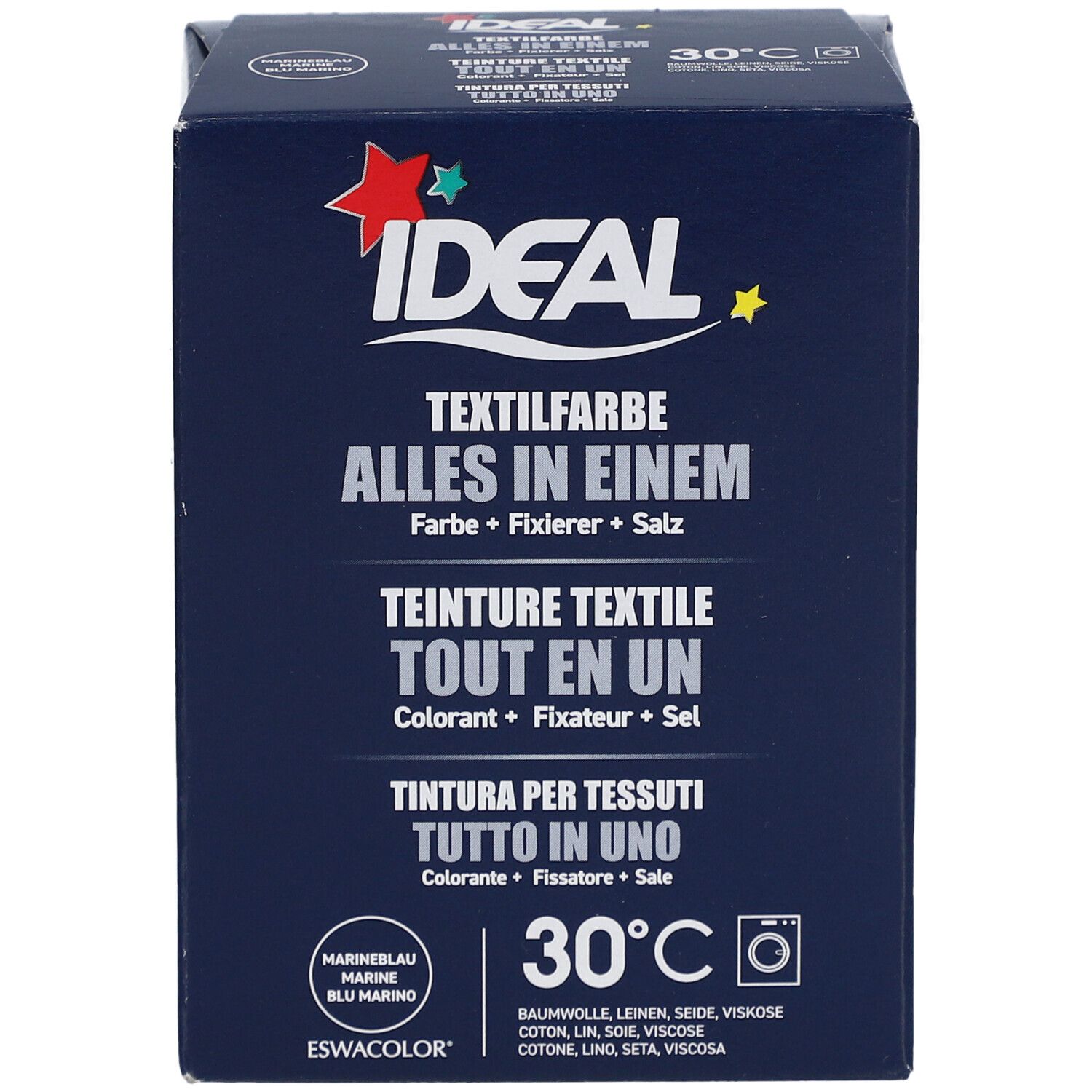 Ideal Textilfarbe Marine, tout en un. Boîte bleue avec nom du produit et symbole 30°C. Contient colorant, fixateur et sel.