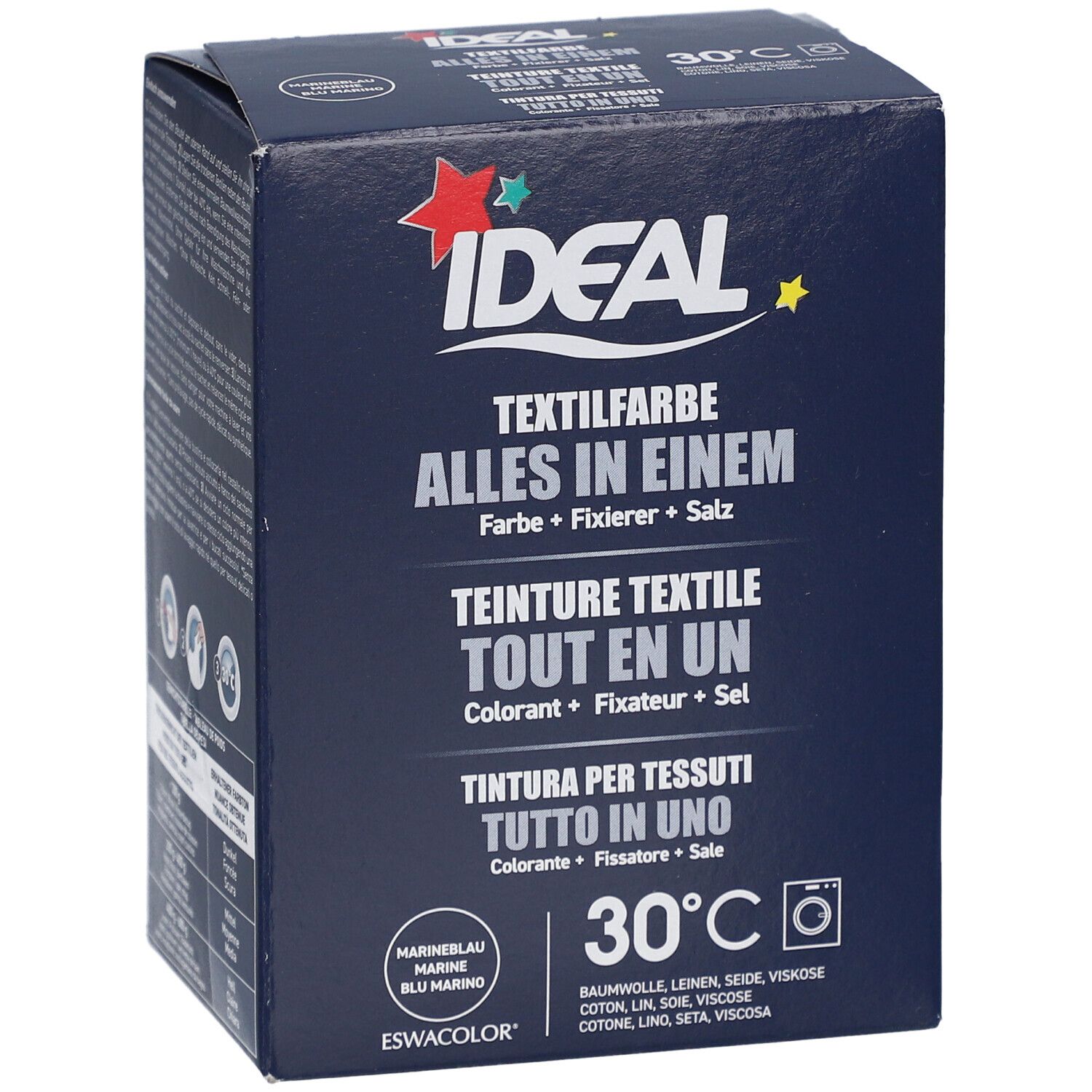 Ideal Textilfarbe Marine, tout en un. Boîte bleue avec nom du produit et symbole 30°C. Contient colorant, fixateur et sel.