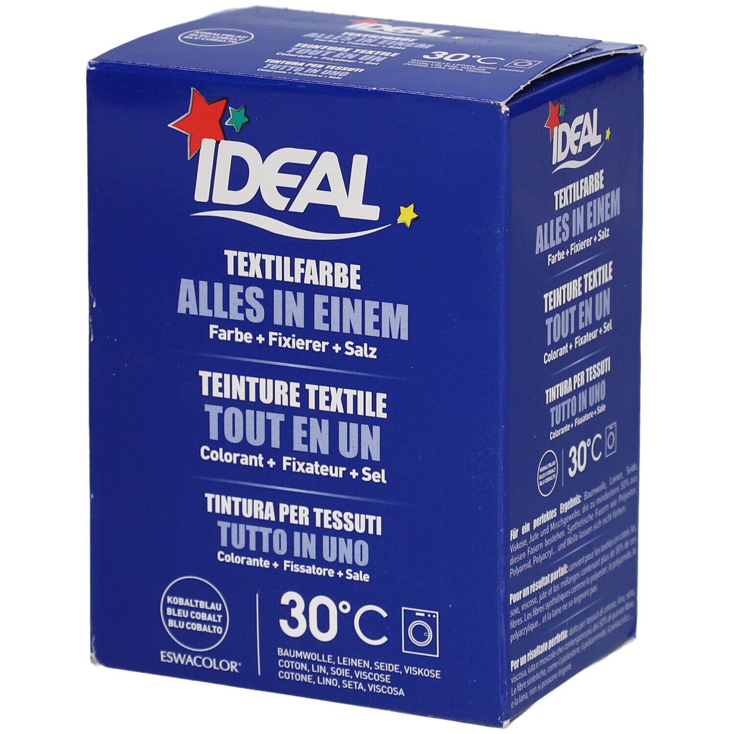 Boîte bleue de teinture textile IDEAL Tout en un. Contient colorant, fixateur, sel. Pour 30°C. Inscription: Alles in Einem.