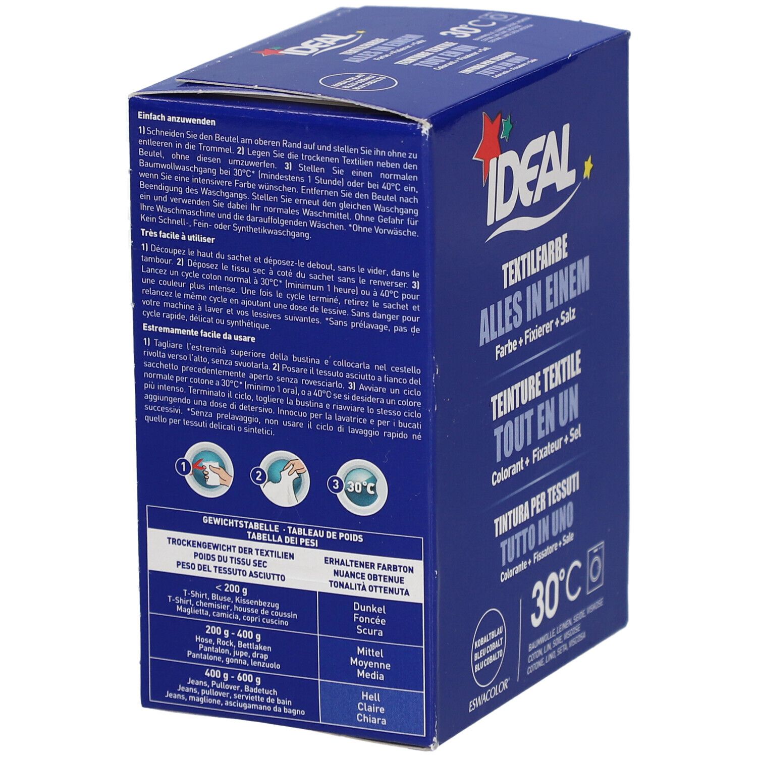 Boîte bleue de teinture textile IDEAL Tout en un. Contient colorant, fixateur, sel. Pour 30°C. Inscription: Alles in Einem.