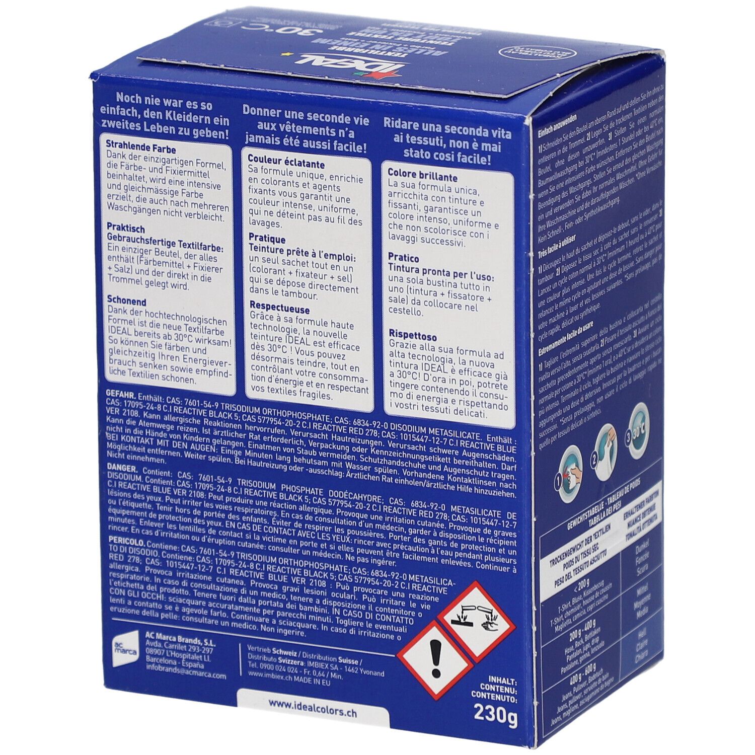 Boîte bleue de teinture textile IDEAL Tout en un. Contient colorant, fixateur, sel. Poids: 230g. Inscription: Alles in Einem.