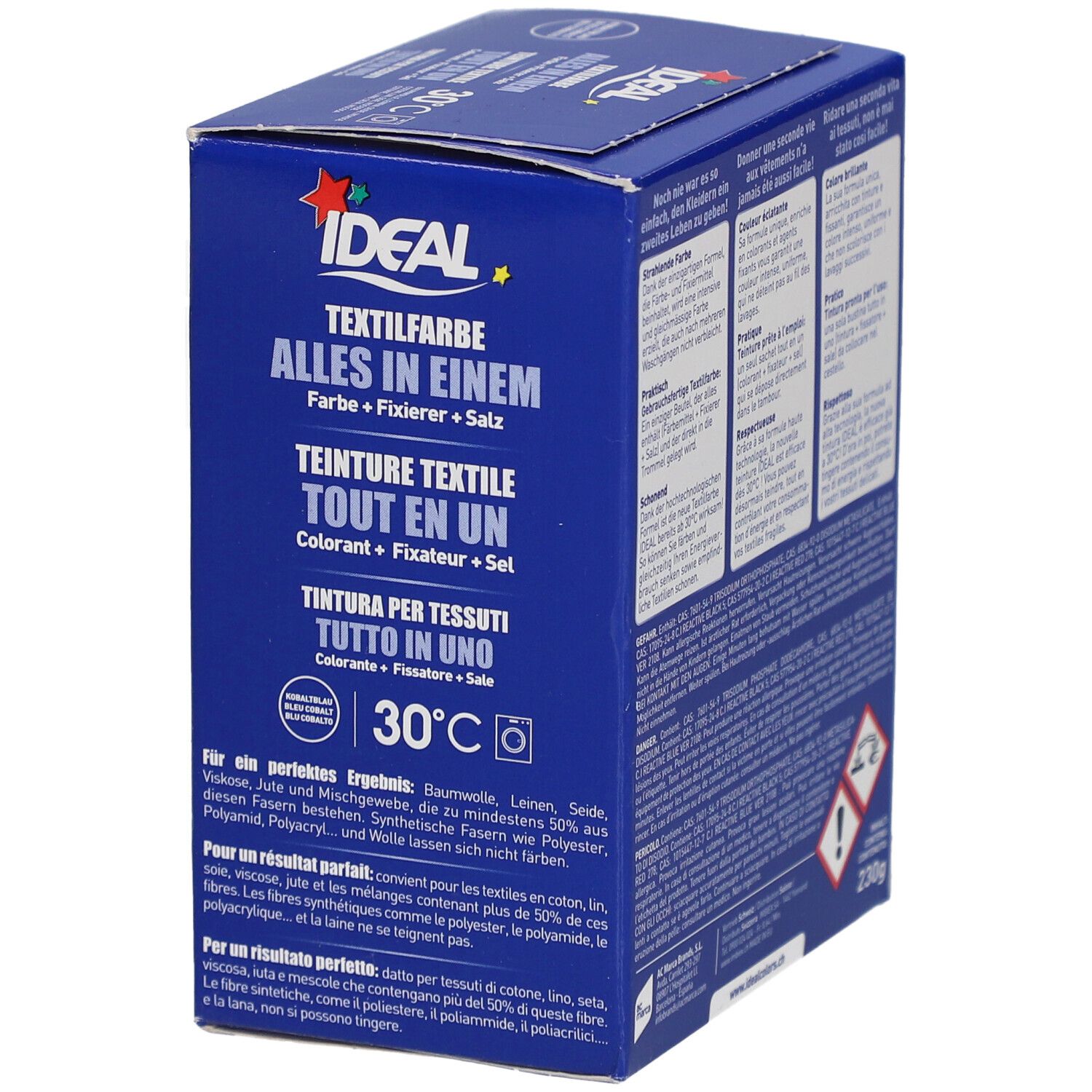 Boîte bleue de teinture textile IDEAL Tout en un. Contient colorant, fixateur, sel. Poids: 230g. Inscription: Alles in Einem.