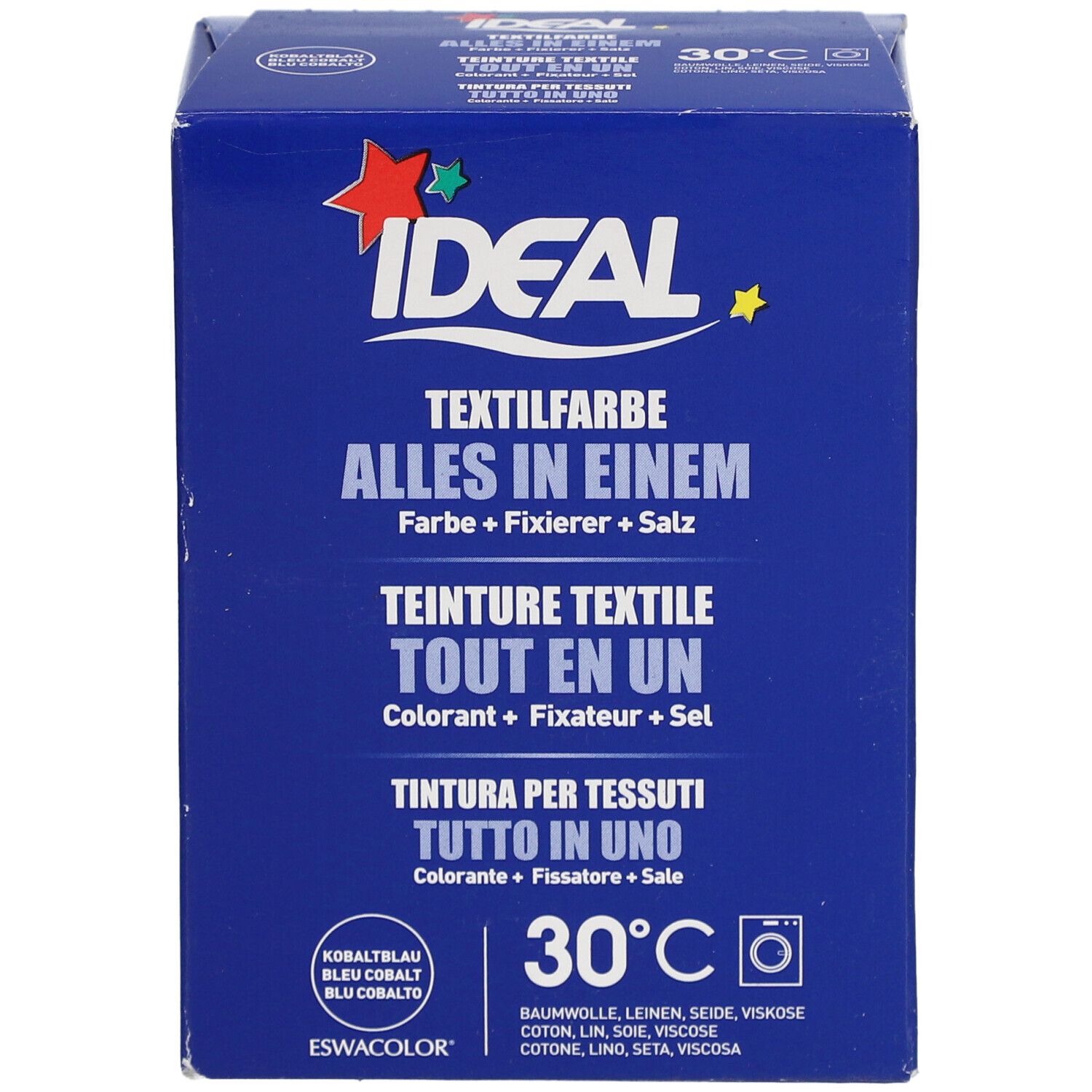 Boîte bleue de teinture textile IDEAL Tout en un. Contient colorant, fixateur, sel. Pour 30°C. Inscription: Alles in Einem.