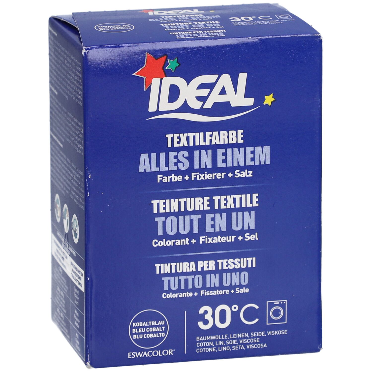Boîte bleue de teinture textile IDEAL Tout en un. Contient colorant, fixateur, sel. Pour 30°C. Inscription: Alles in Einem.
