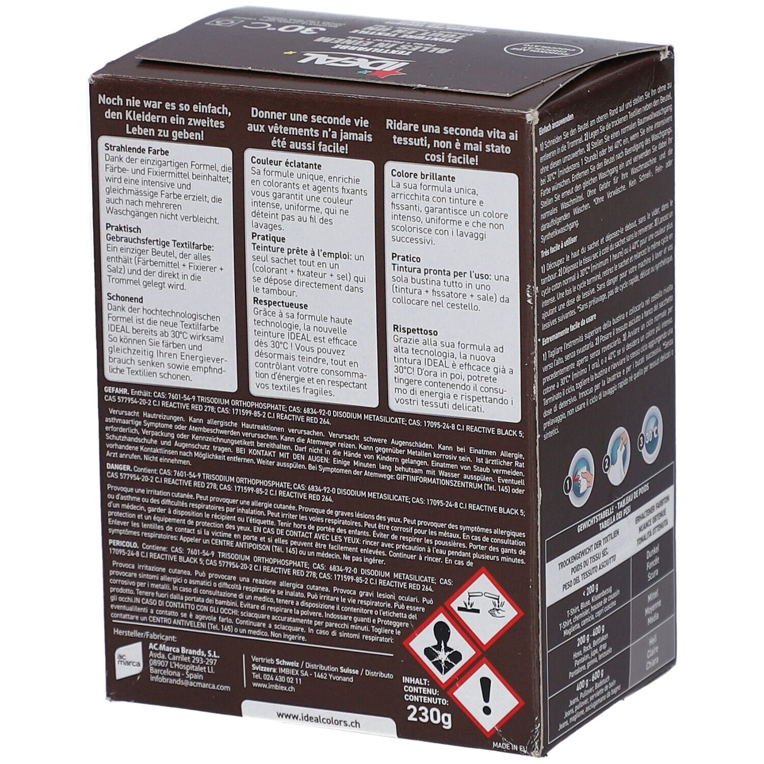 Boîte marron avec logo de teinture textile. Textes et avertissements. Poids: 230g.