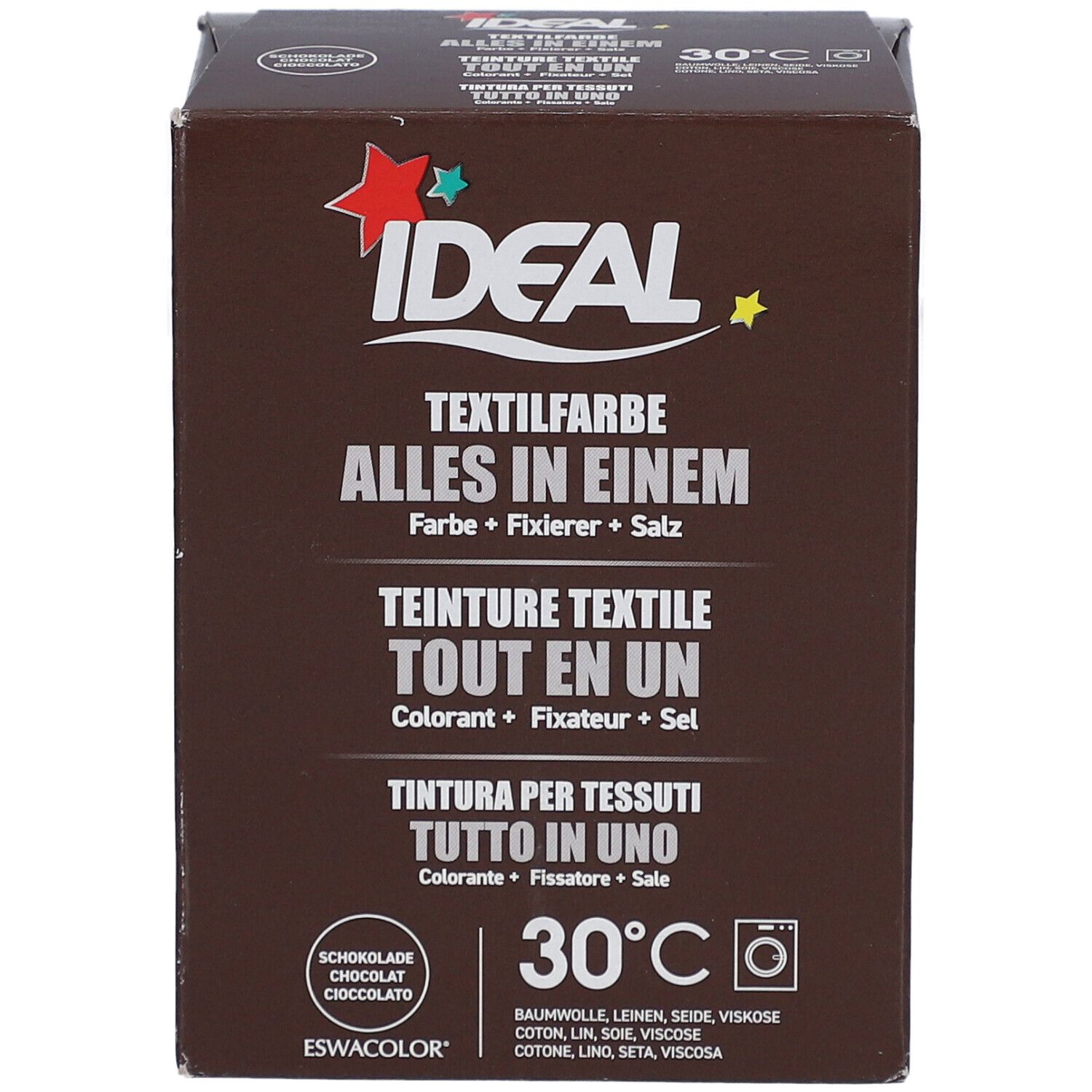Boîte marron de teinture textile. Logo et textes en allemand, français, italien. Symbole 30°C.