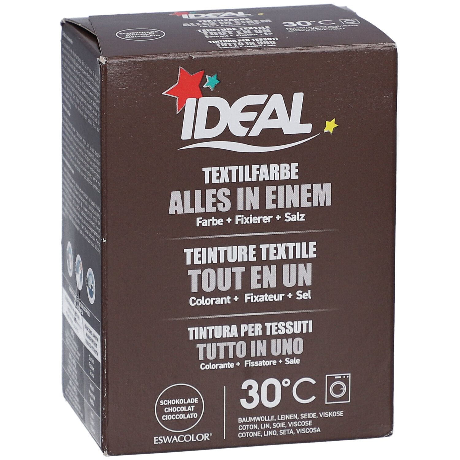 Boîte marron de teinture textile. Logo et textes en allemand, français, italien. Symbole 30°C.