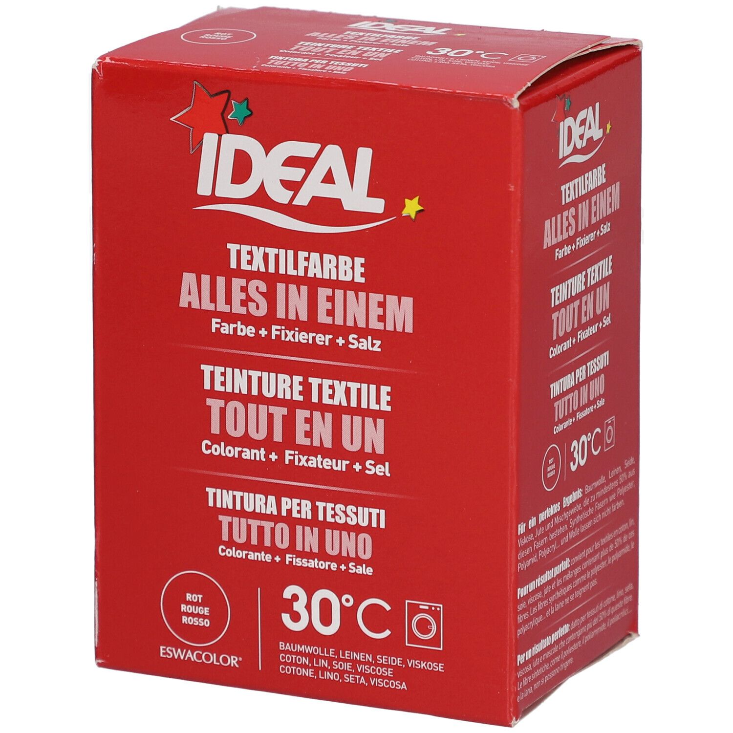 Boîte rouge IDEAL Textilfarbe. Inscriptions multilingues. Symbole de machine à laver et température 30°C.
