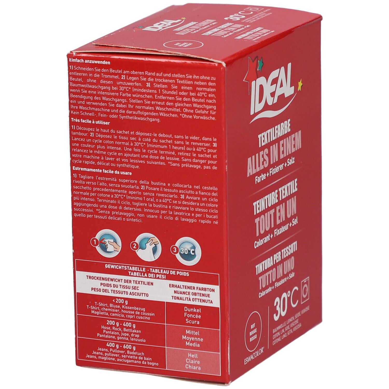 Boîte rouge avec informations produit et tableaux de poids. IDEAL Textilfarbe.