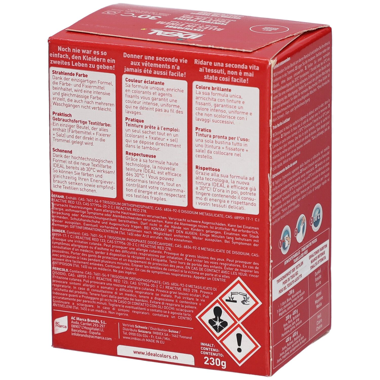 Boîte rouge avec texte et pictogrammes d'avertissement. IDEAL Textilfarbe.