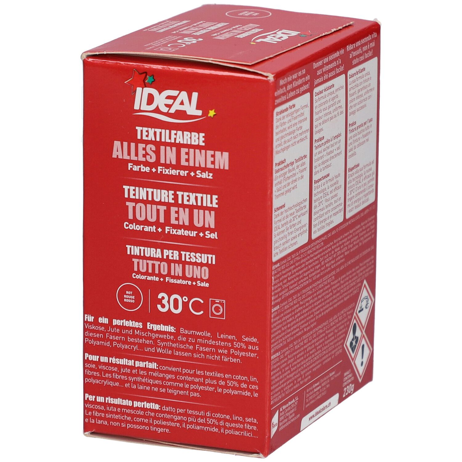 Boîte rouge avec informations produit. Symbole de machine à laver et 30°C. IDEAL Textilfarbe.