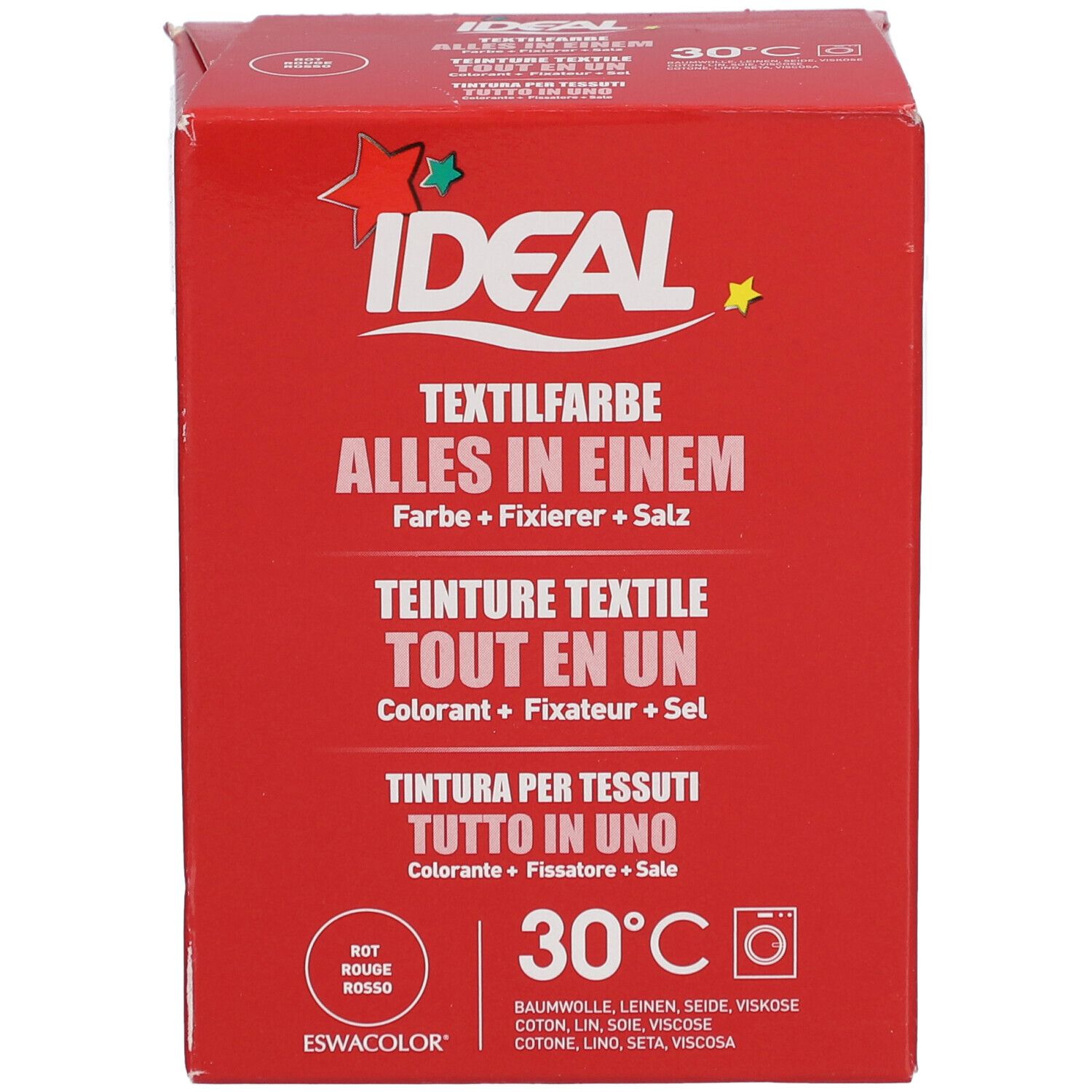 Boîte rouge IDEAL Textilfarbe. Inscriptions multilingues. Symbole de machine à laver et température 30°C.