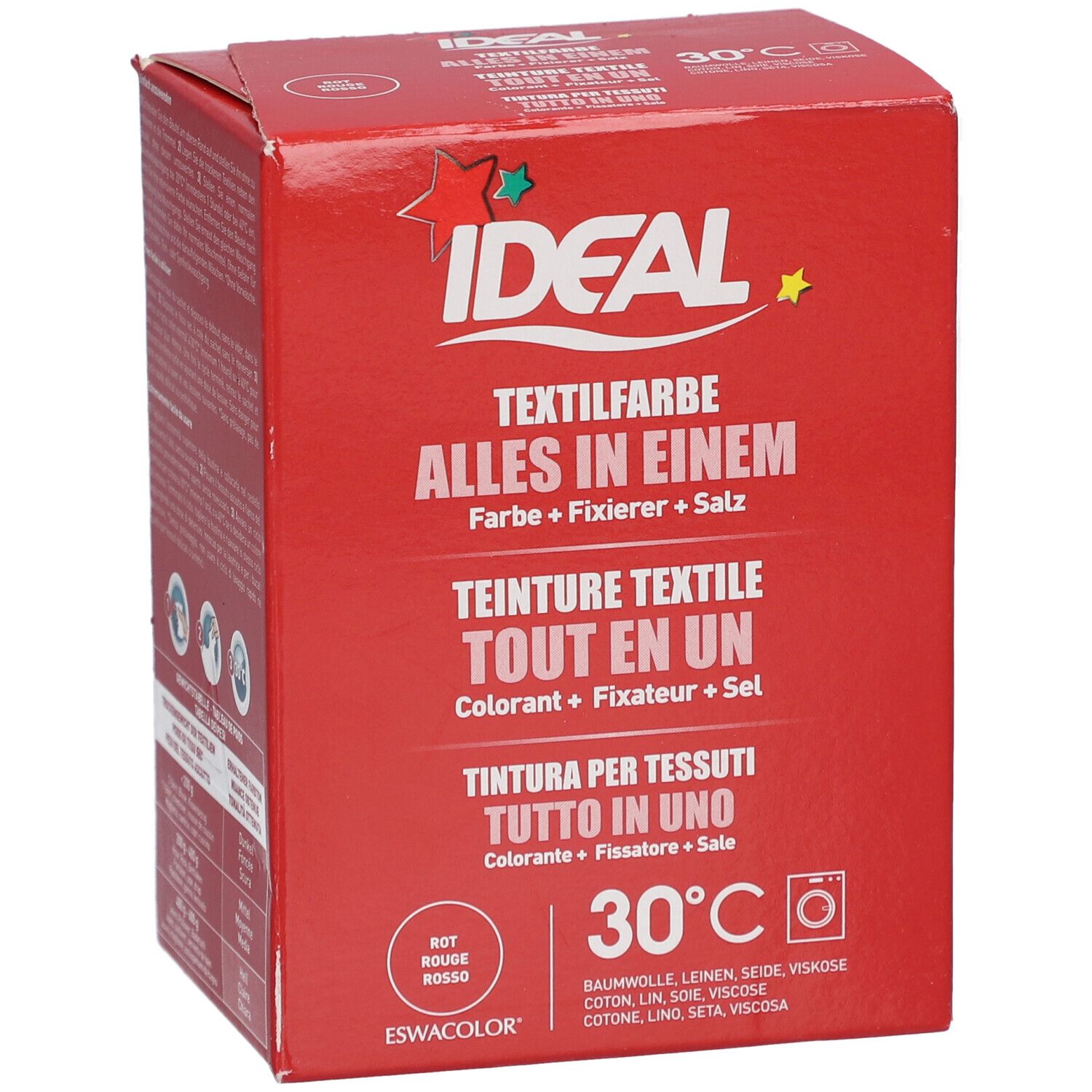 Boîte rouge IDEAL Textilfarbe. Inscriptions multilingues. Symbole de machine à laver et température 30°C.